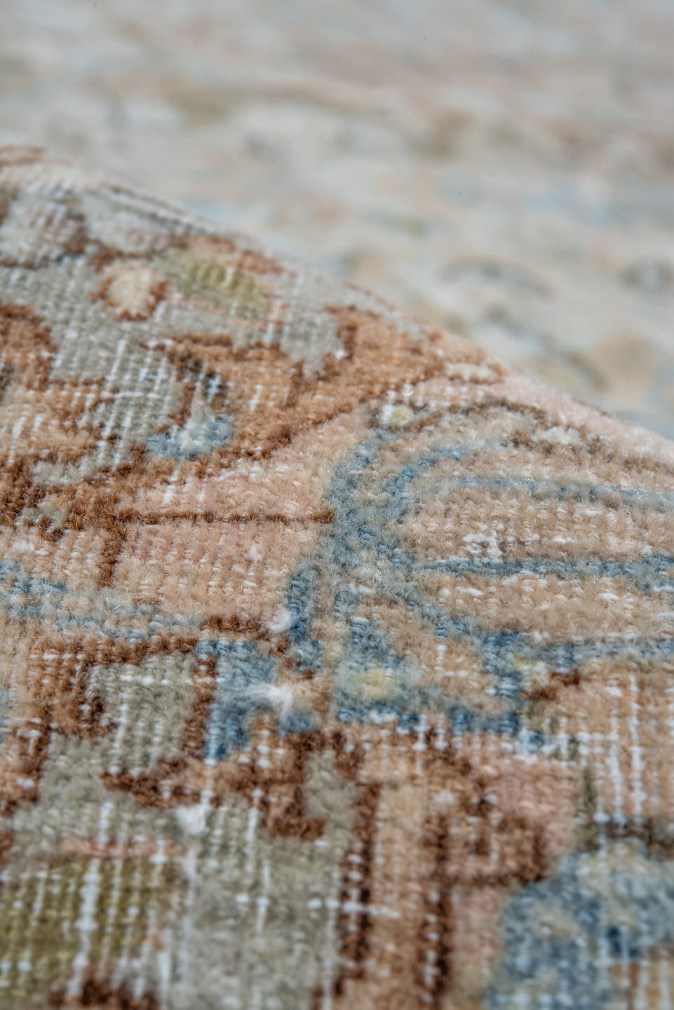 13' x 15' one-of-a-kind handmade vintage Kerman oversize rug. Color palette: ivory, sky blue, beige, taupe, blush, camel