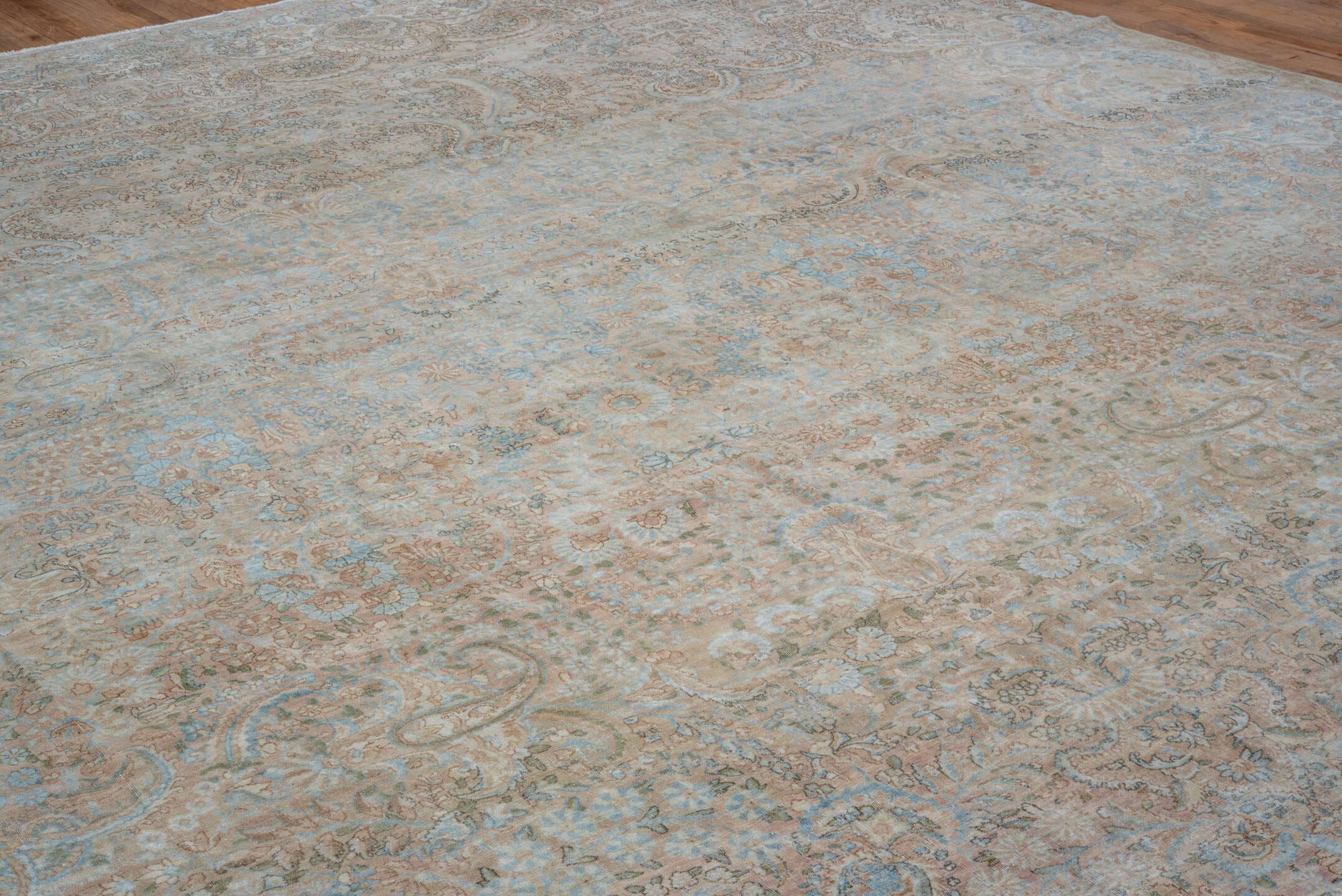 13' x 15' one-of-a-kind handmade vintage Kerman oversize rug. Color palette: ivory, sky blue, beige, taupe, blush, camel