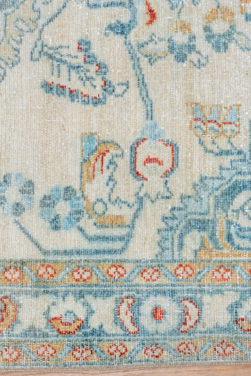 3' x 4' one-of-a-kind handmade vintage Lilian small size rug. Color palette: ivory, pale blue, sky blue, coral, gold
