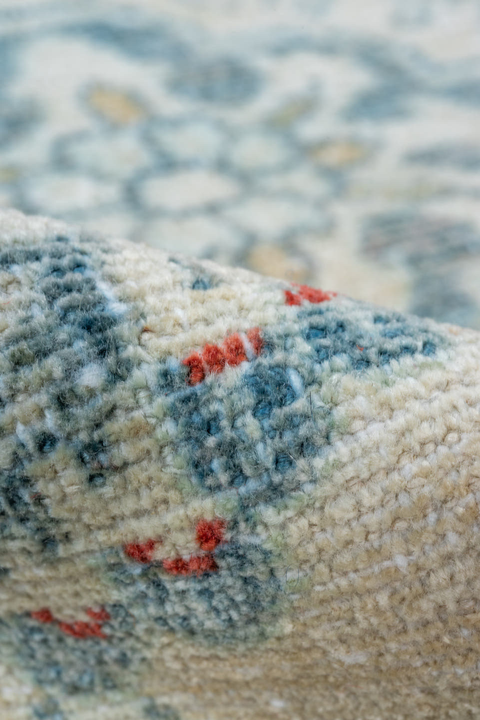 3' x 4' one-of-a-kind handmade vintage Lilian small size rug. Color palette: ivory, pale blue, sky blue, coral, gold