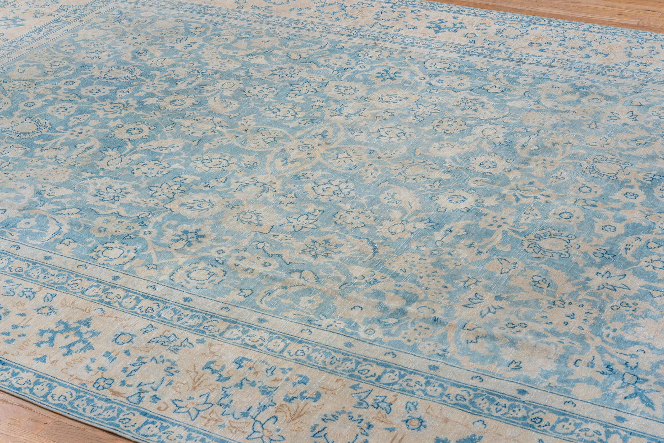 9' x 12' one-of-a-kind handmade vintage Tabriz large size rug. Color palette: sky blue, ivory, cream, beige, taupe