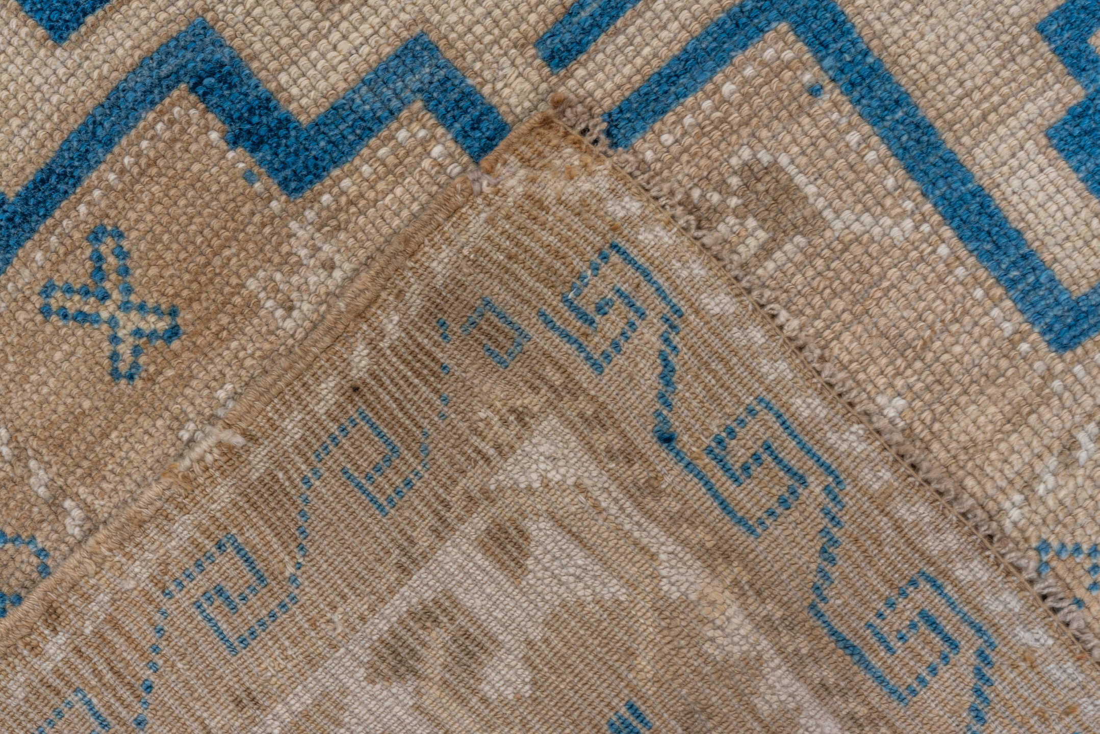 5' x 10' one-of-a-kind handmade vintage Oushak medium size rug. Color palette: ivory, beige, cobalt, taupe, blue, gray