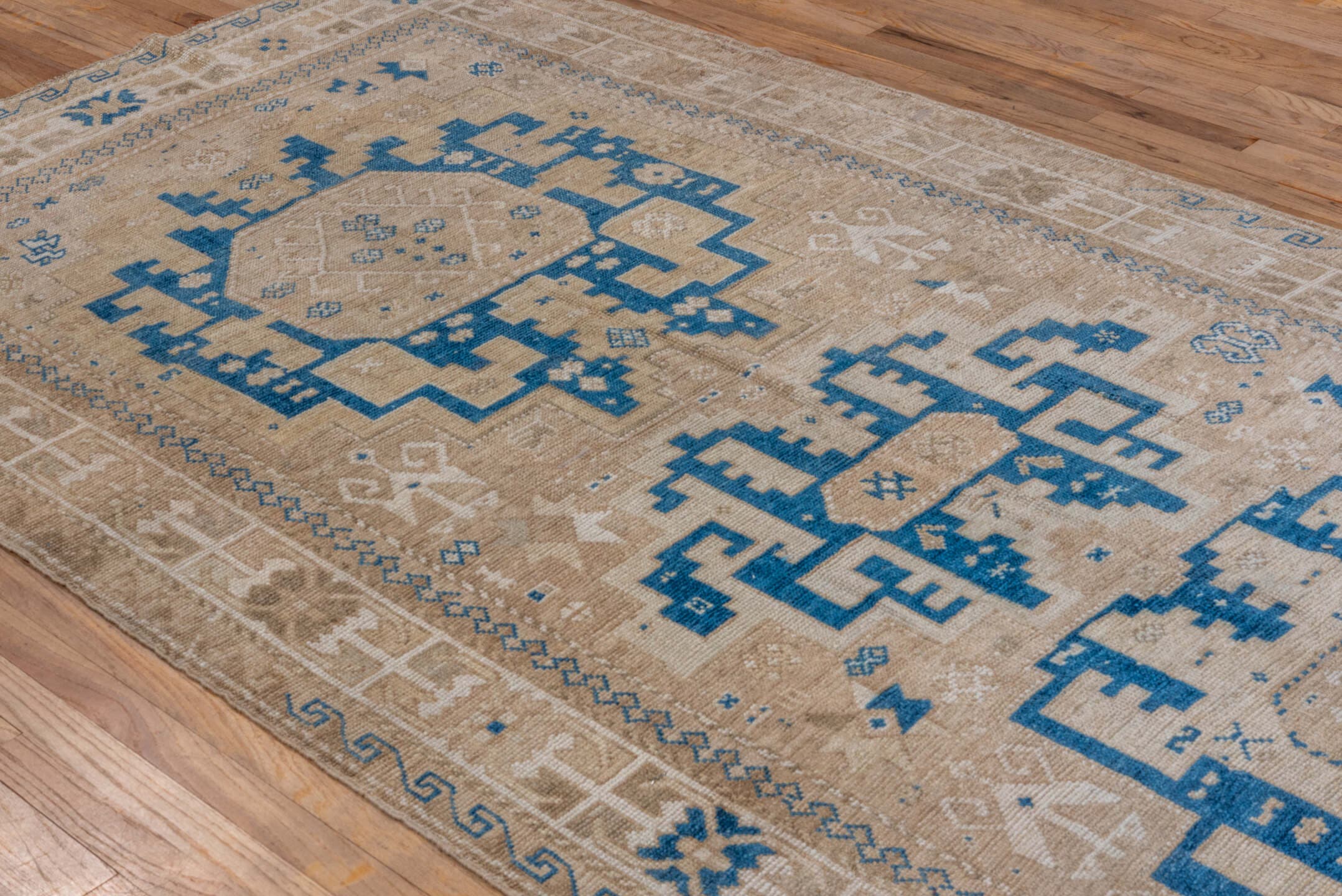 5' x 10' one-of-a-kind handmade vintage Oushak medium size rug. Color palette: ivory, beige, cobalt, taupe, blue, gray