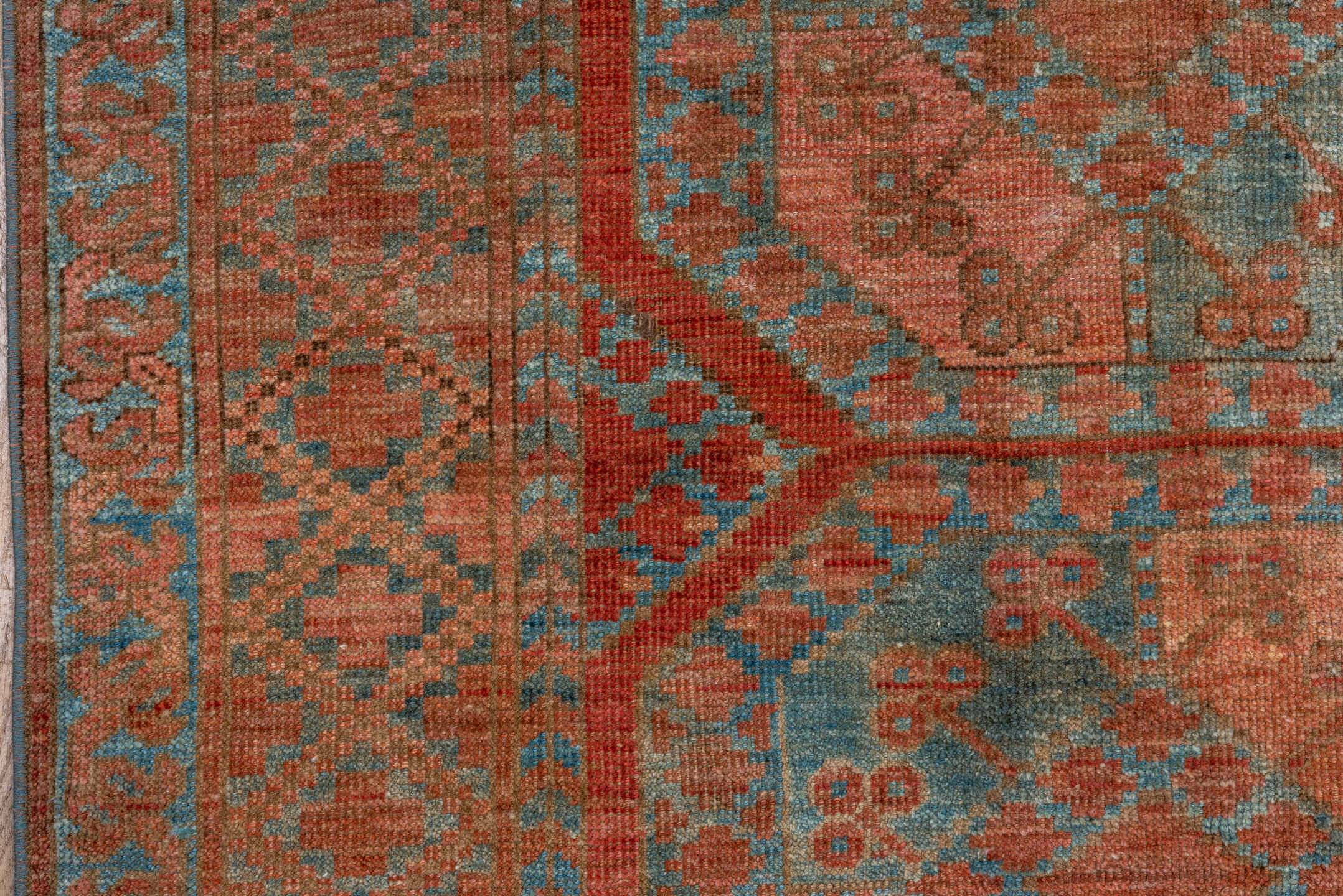 7' x 8' one-of-a-kind handmade vintage Afghan rug. Color palette: rust, terra cotta, dusty rose, sage, taupe, brown