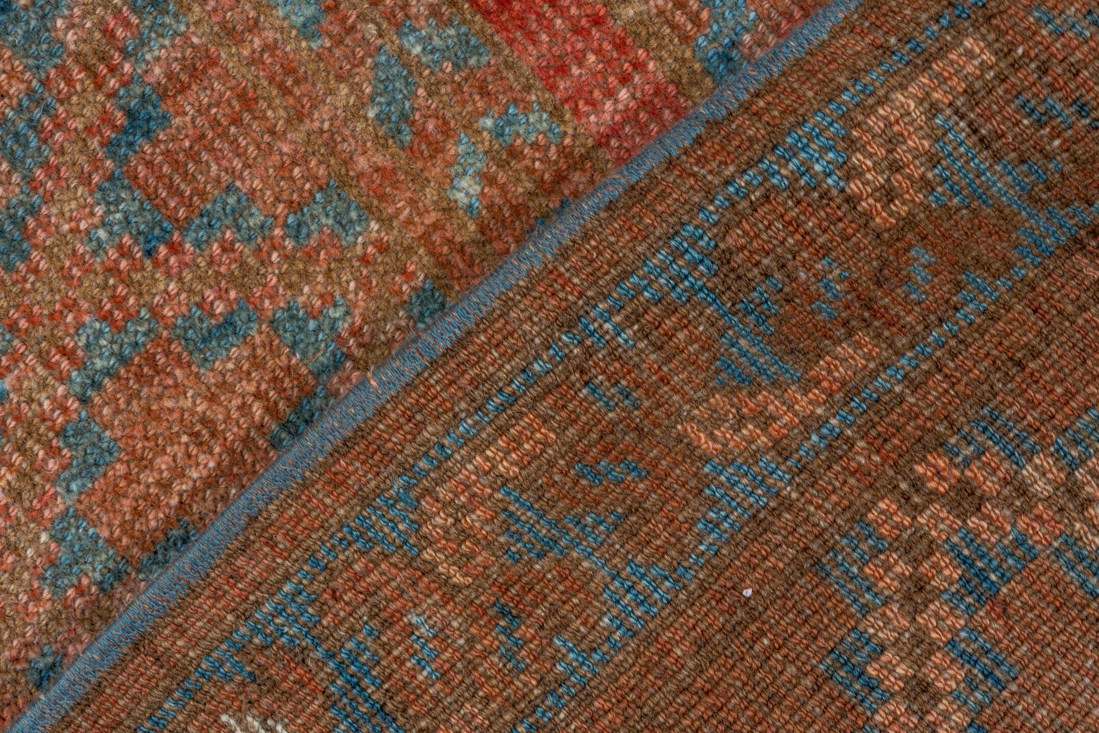 7' x 8' one-of-a-kind handmade vintage Afghan rug. Color palette: rust, terra cotta, dusty rose, sage, taupe, brown