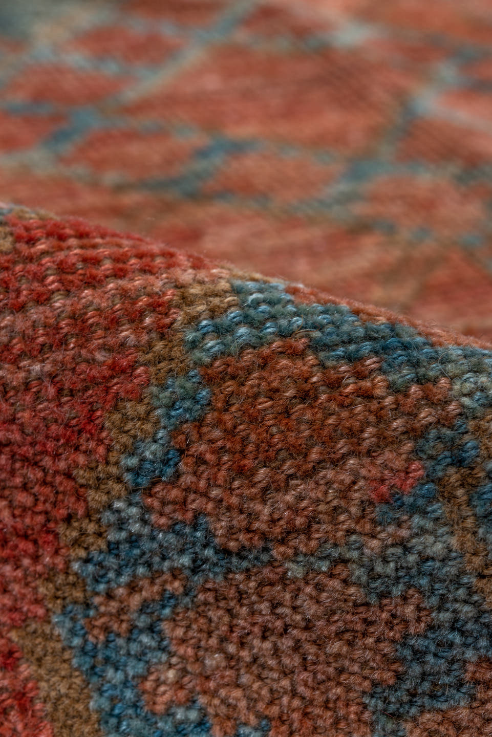 7' x 8' one-of-a-kind handmade vintage Afghan rug. Color palette: rust, terra cotta, dusty rose, sage, taupe, brown