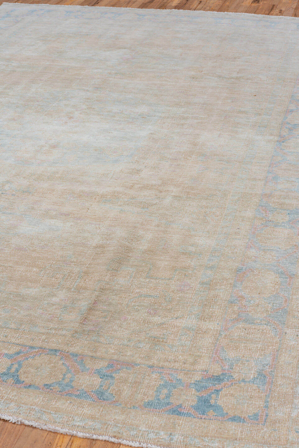 7' x 11' one-of-a-kind handmade vintage Veece large size rug. Color palette: ivory, pale blue, beige, blush, cream, taupe