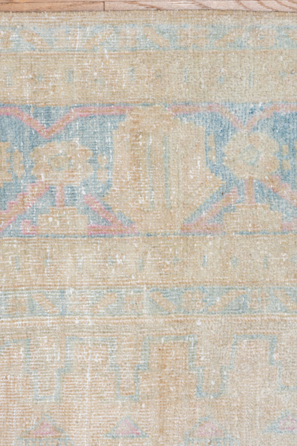 7' x 11' one-of-a-kind handmade vintage Veece large size rug. Color palette: ivory, pale blue, beige, blush, cream, taupe