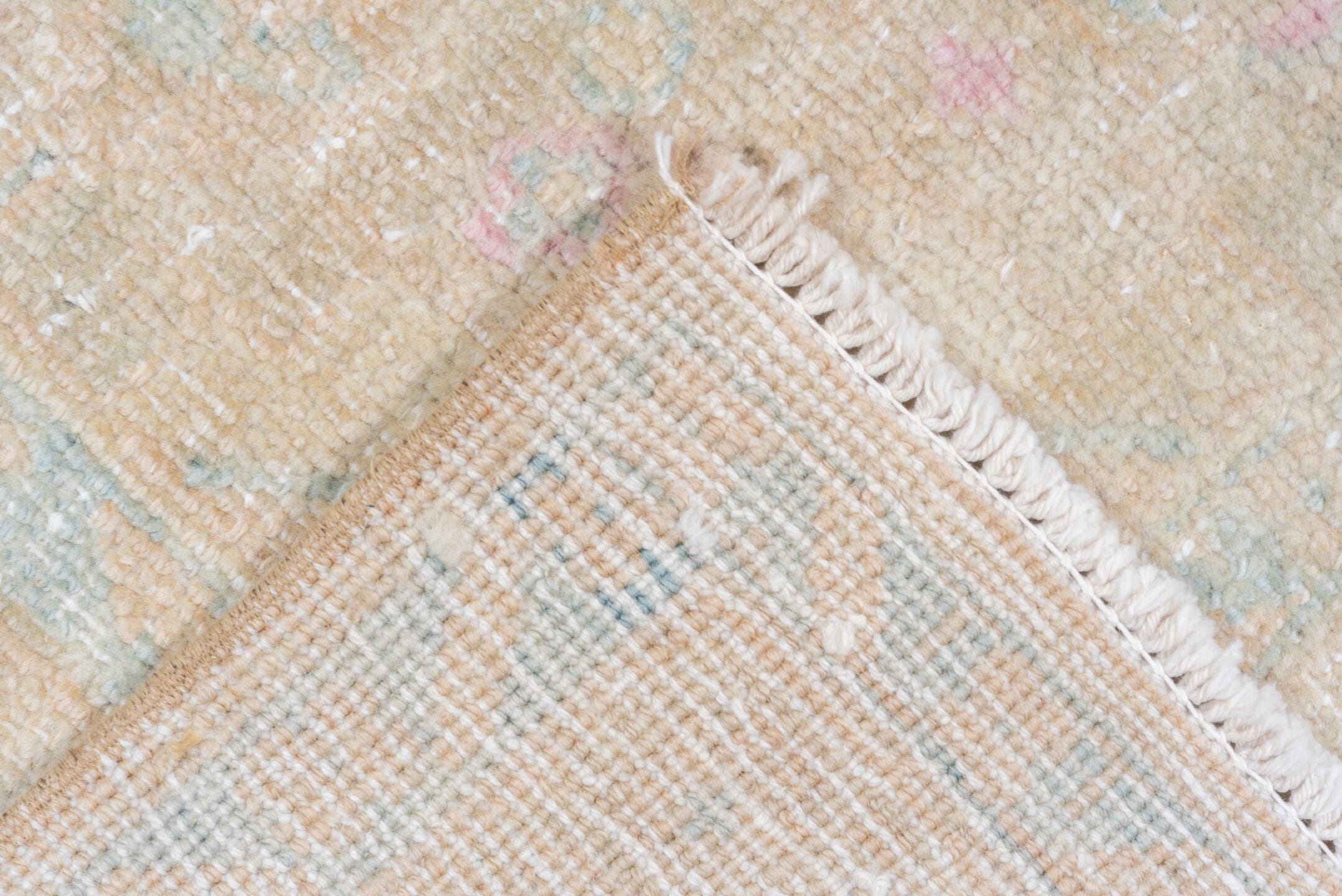 7' x 11' one-of-a-kind handmade vintage Veece large size rug. Color palette: ivory, pale blue, beige, blush, cream, taupe