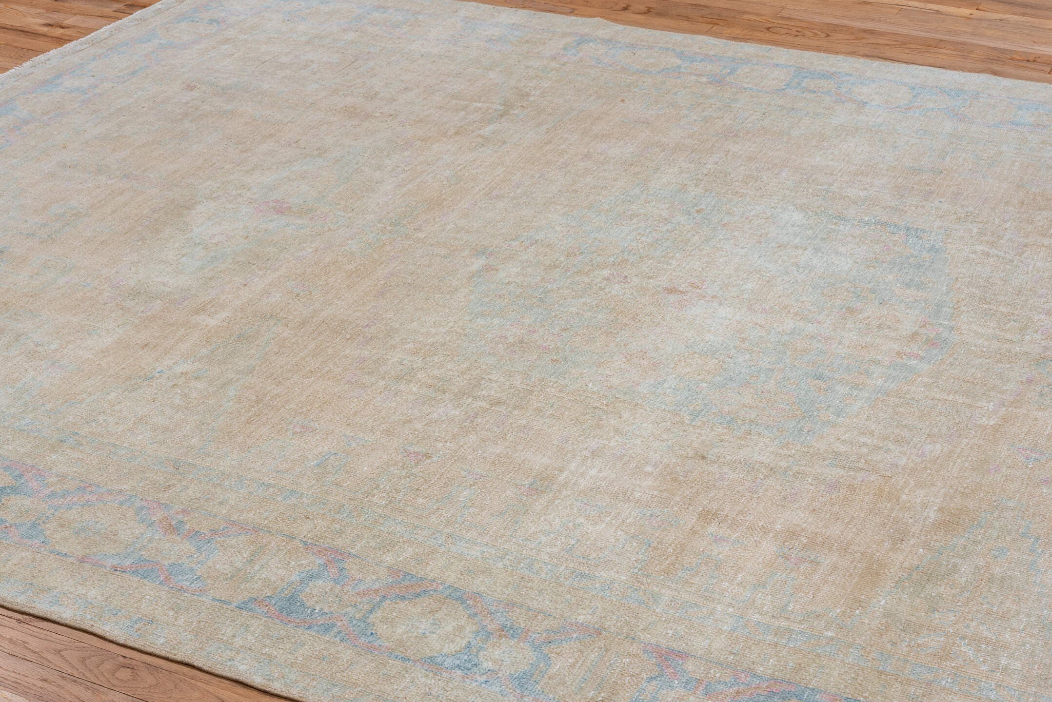 7' x 11' one-of-a-kind handmade vintage Veece large size rug. Color palette: ivory, pale blue, beige, blush, cream, taupe