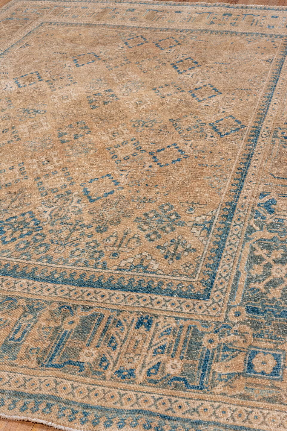6' x 10' one-of-a-kind handmade vintage Joshegan large size rug. Color palette: camel, ivory, sky blue, taupe, beige