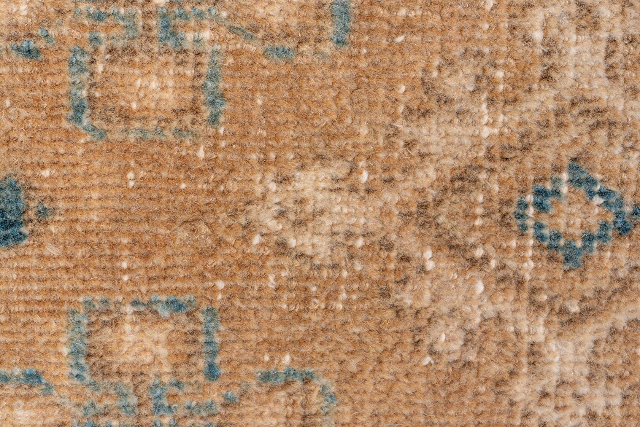 6' x 10' one-of-a-kind handmade vintage Joshegan large size rug. Color palette: camel, ivory, sky blue, taupe, beige