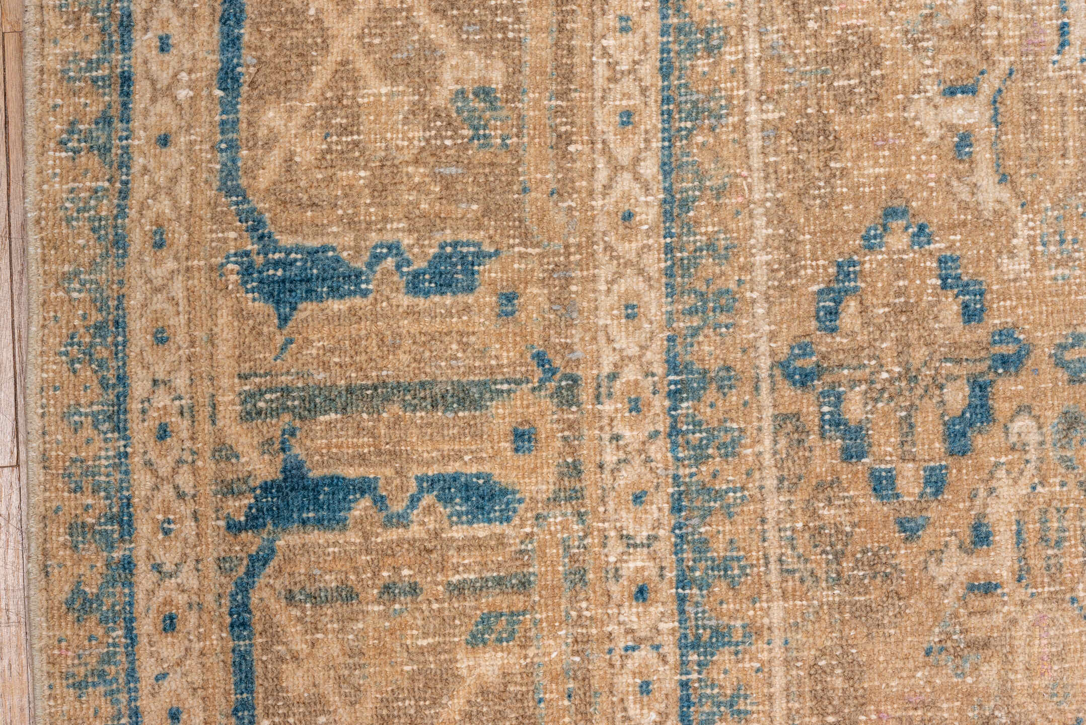 6' x 10' one-of-a-kind handmade vintage Joshegan large size rug. Color palette: camel, ivory, sky blue, taupe, beige