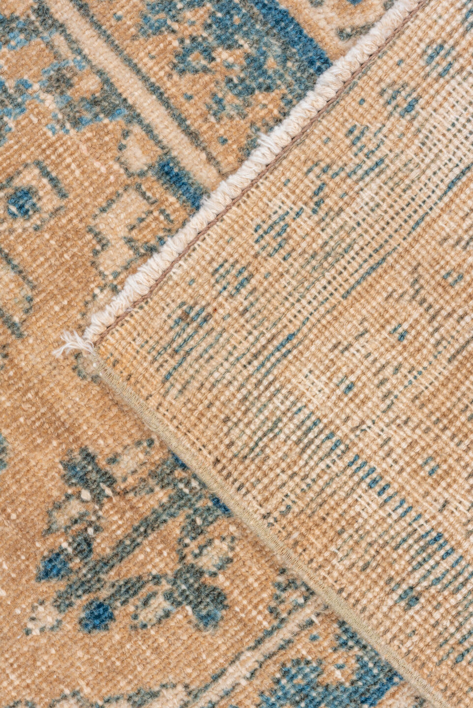 6' x 10' one-of-a-kind handmade vintage Joshegan large size rug. Color palette: camel, ivory, sky blue, taupe, beige
