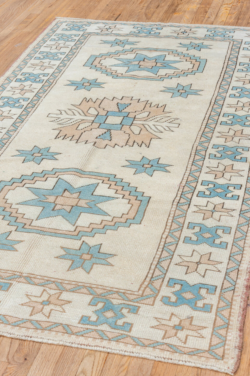 4' x 7' one-of-a-kind handmade vintage Oushak rug. Color palette: ivory, sky blue, beige, taupe, camel, light blue, gray