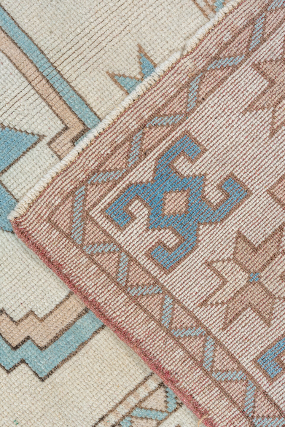 4' x 7' one-of-a-kind handmade vintage Oushak rug. Color palette: ivory, sky blue, beige, taupe, camel, light blue, gray