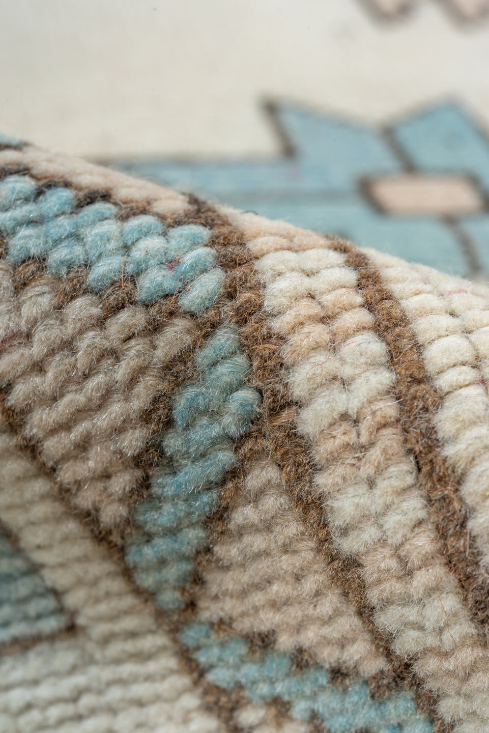 4' x 7' one-of-a-kind handmade vintage Oushak rug. Color palette: ivory, sky blue, beige, taupe, camel, light blue, gray