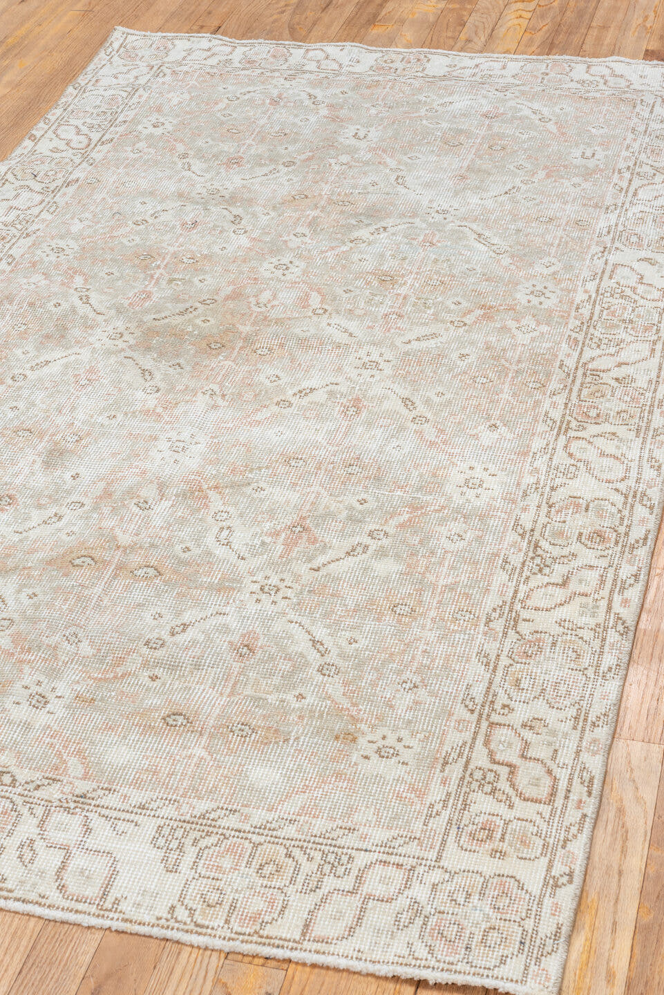 3' x 6' one-of-a-kind handmade vintage Oushak small size rug. Color palette: ivory, beige, taupe, blush, sand, camel, gray