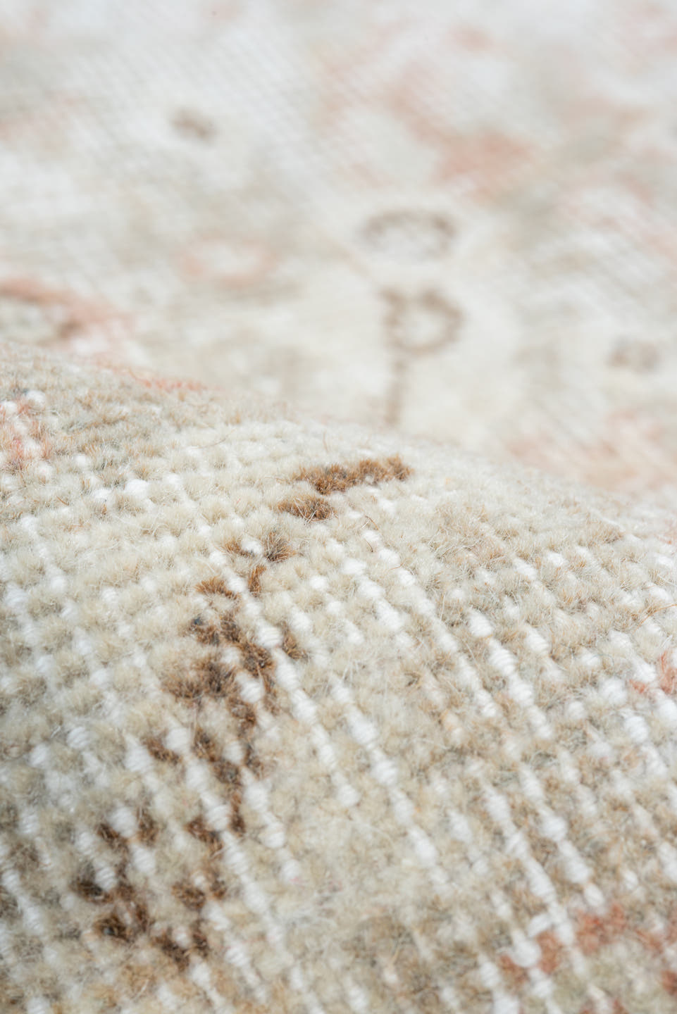 3' x 6' one-of-a-kind handmade vintage Oushak small size rug. Color palette: ivory, beige, taupe, blush, sand, camel, gray