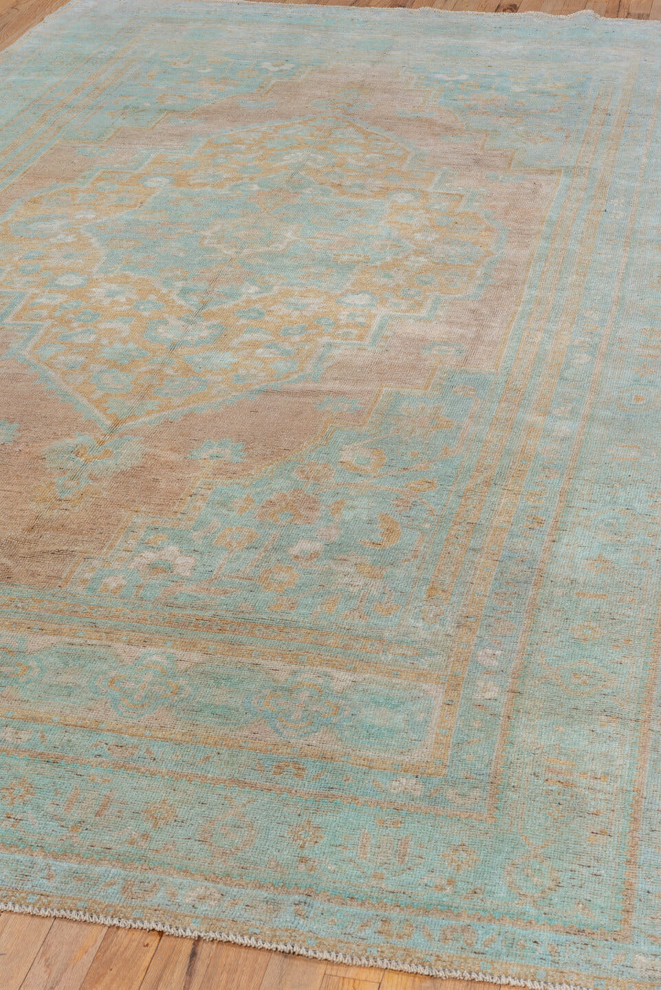 6' x 10' one-of-a-kind handmade vintage Oushak large size rug. Color palette: aqua, taupe, beige, ivory, sand, teal, gray