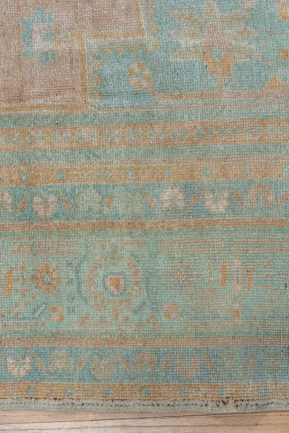 6' x 10' one-of-a-kind handmade vintage Oushak large size rug. Color palette: aqua, taupe, beige, ivory, sand, teal, gray