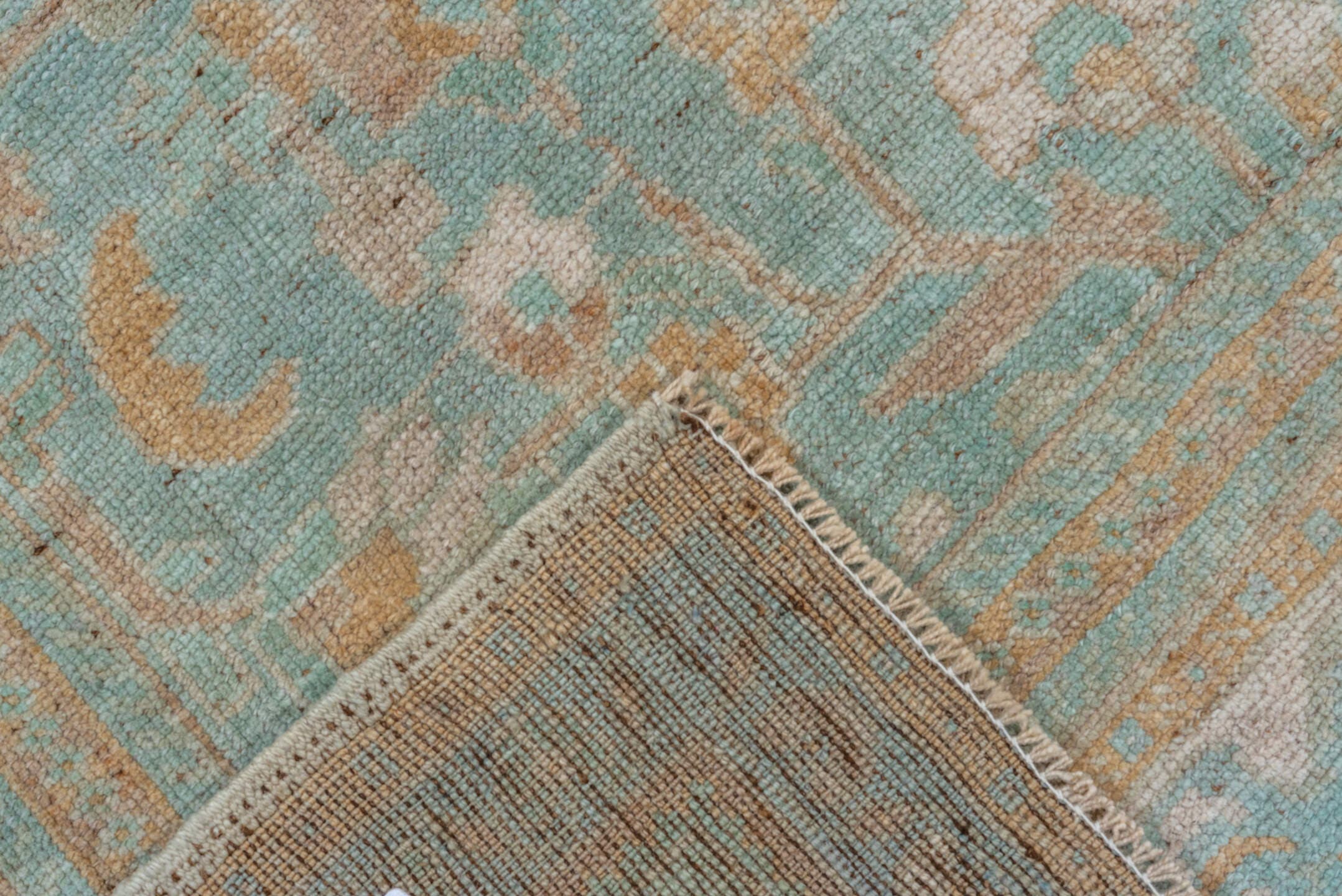 6' x 10' one-of-a-kind handmade vintage Oushak large size rug. Color palette: aqua, taupe, beige, ivory, sand, teal, gray