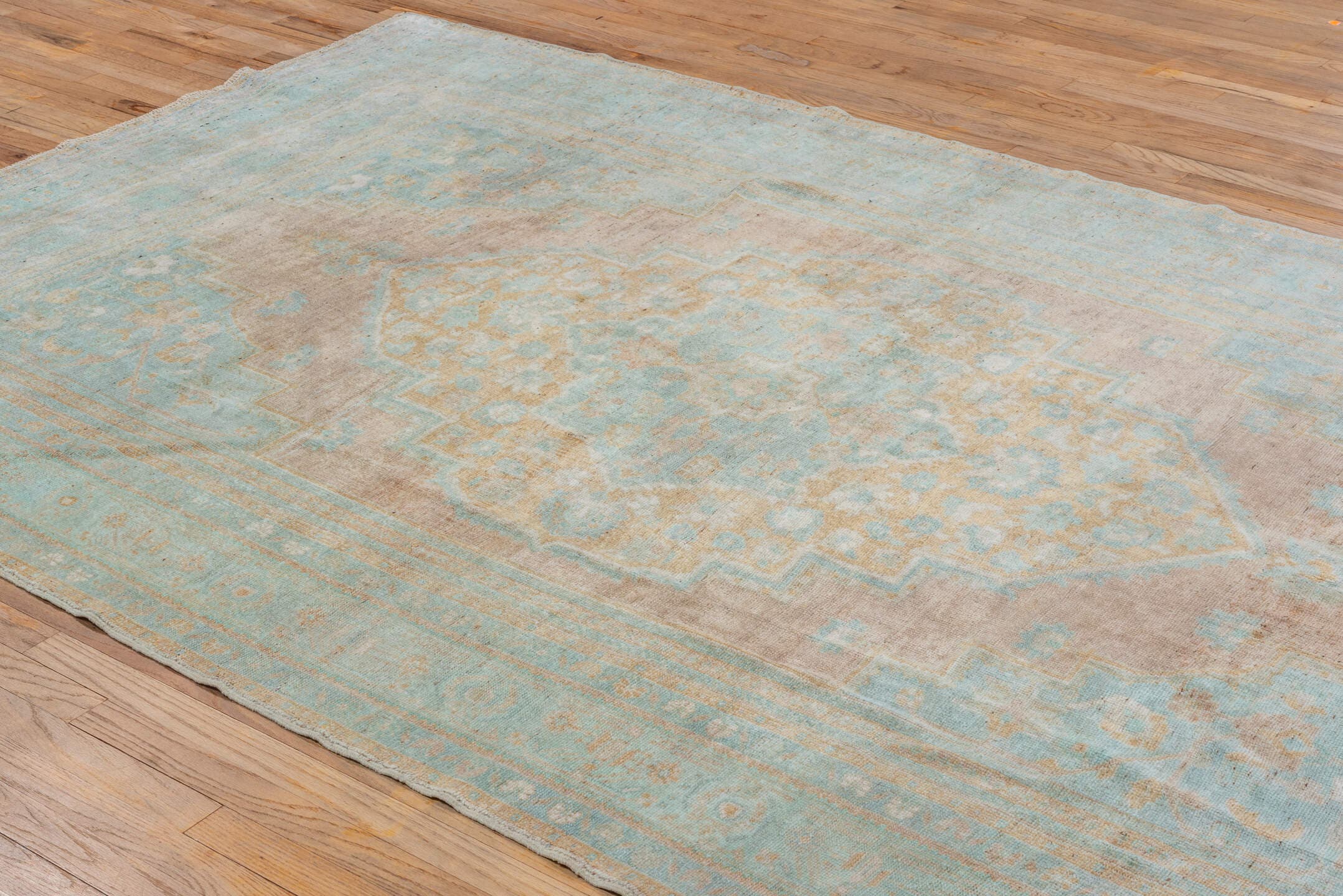 6' x 10' one-of-a-kind handmade vintage Oushak large size rug. Color palette: aqua, taupe, beige, ivory, sand, teal, gray