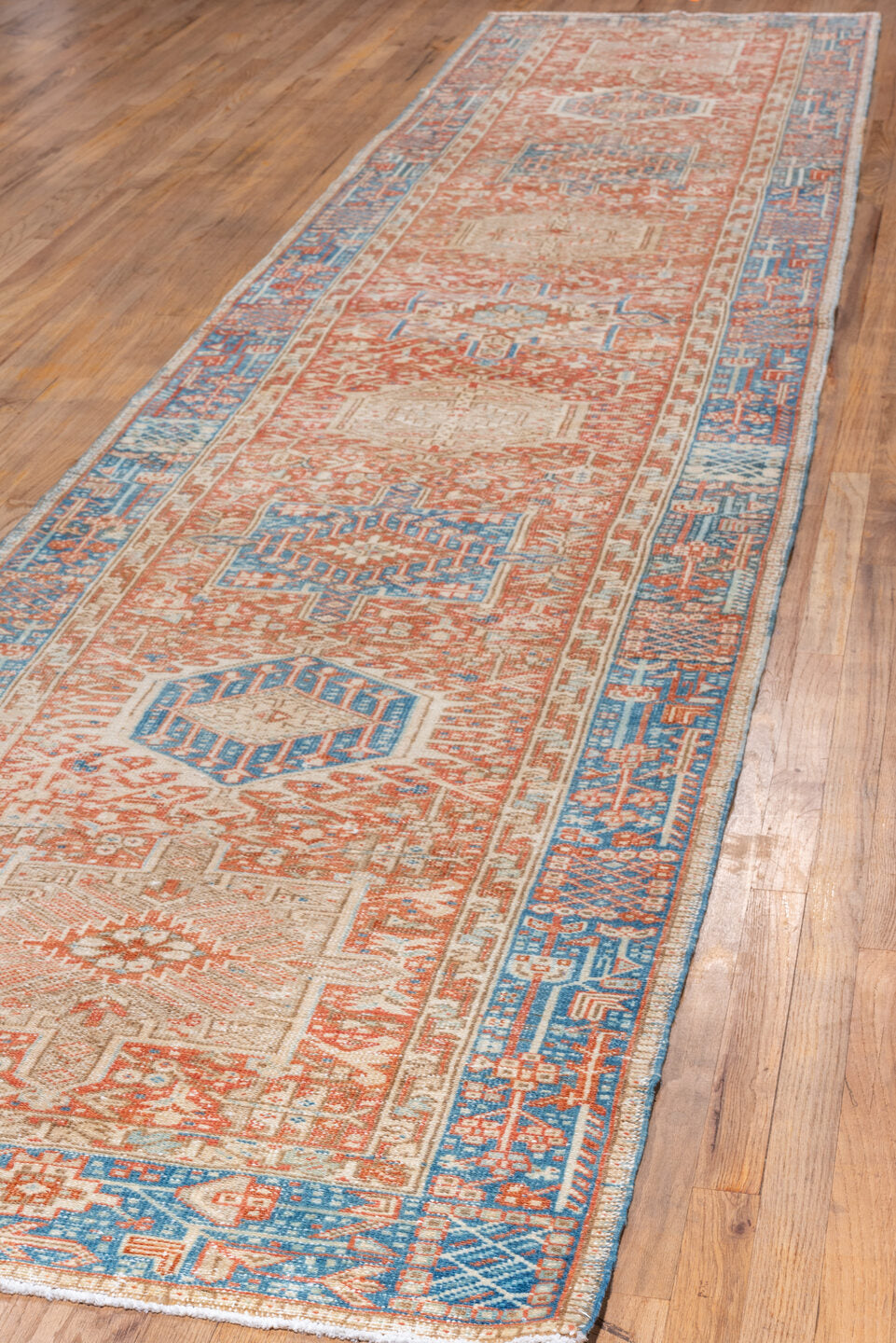 3' x 16' one-of-a-kind handmade vintage Karaje runner rug. Color palette: brown, dark salmon, gray, light blue, light gray