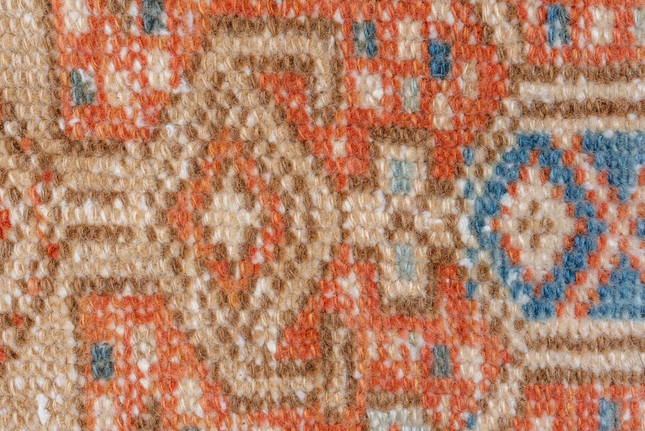 3' x 16' one-of-a-kind handmade vintage Karaje runner rug. Color palette: rust, sky blue, ivory, terracotta, camel, slate