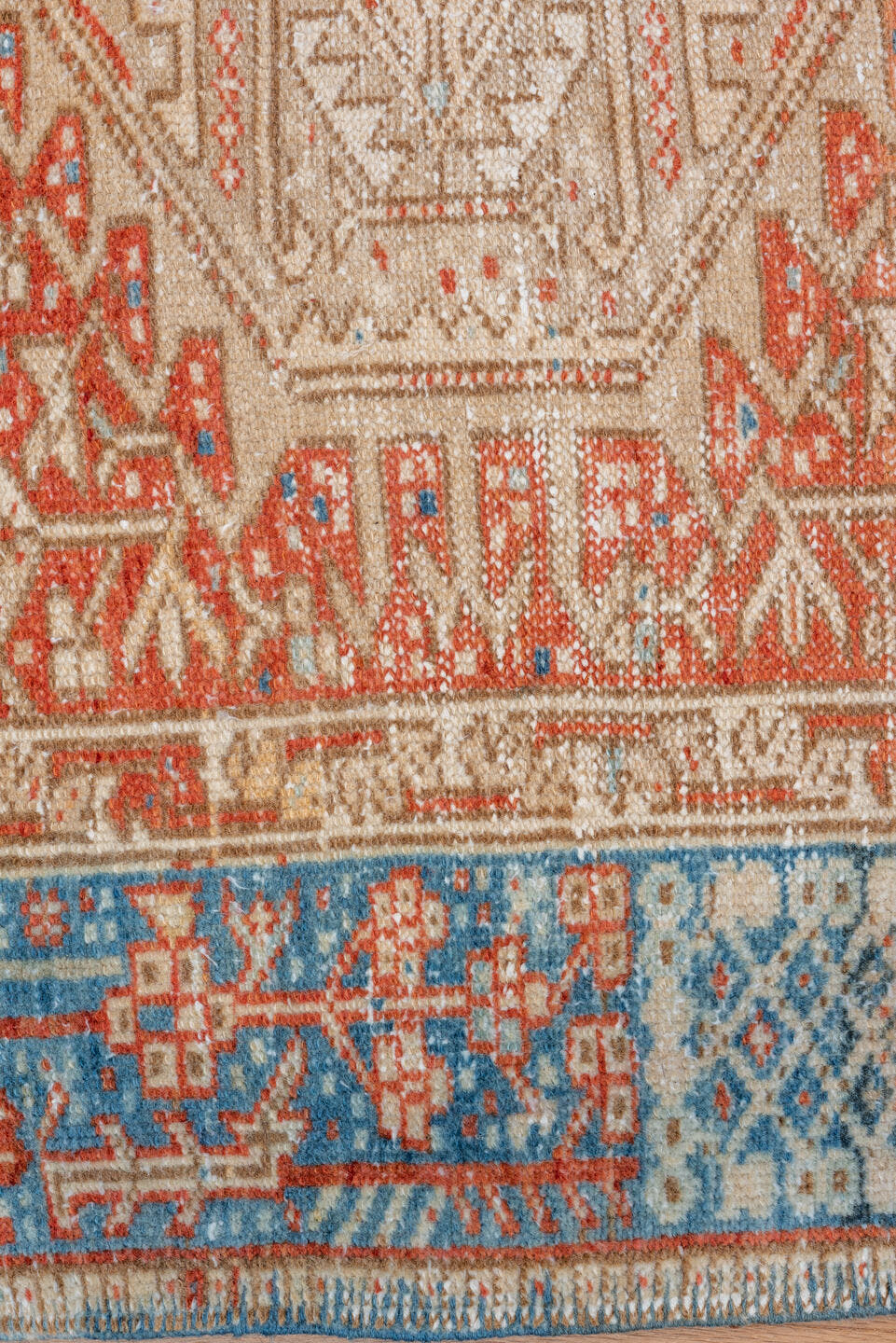 3' x 16' one-of-a-kind handmade vintage Karaje runner rug. Color palette: rust, sky blue, ivory, terracotta, camel, slate