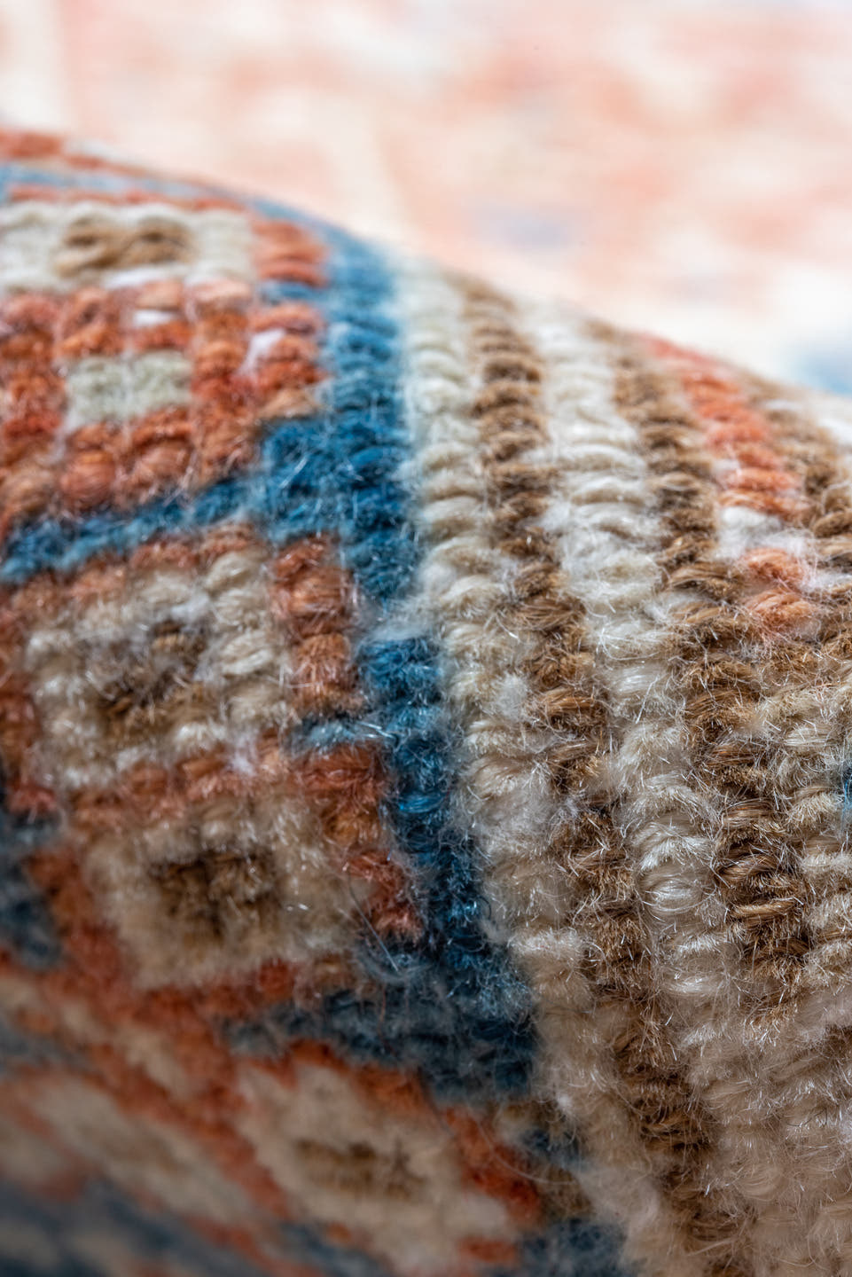 3' x 16' one-of-a-kind handmade vintage Karaje runner rug. Color palette: rust, sky blue, ivory, terracotta, camel, slate