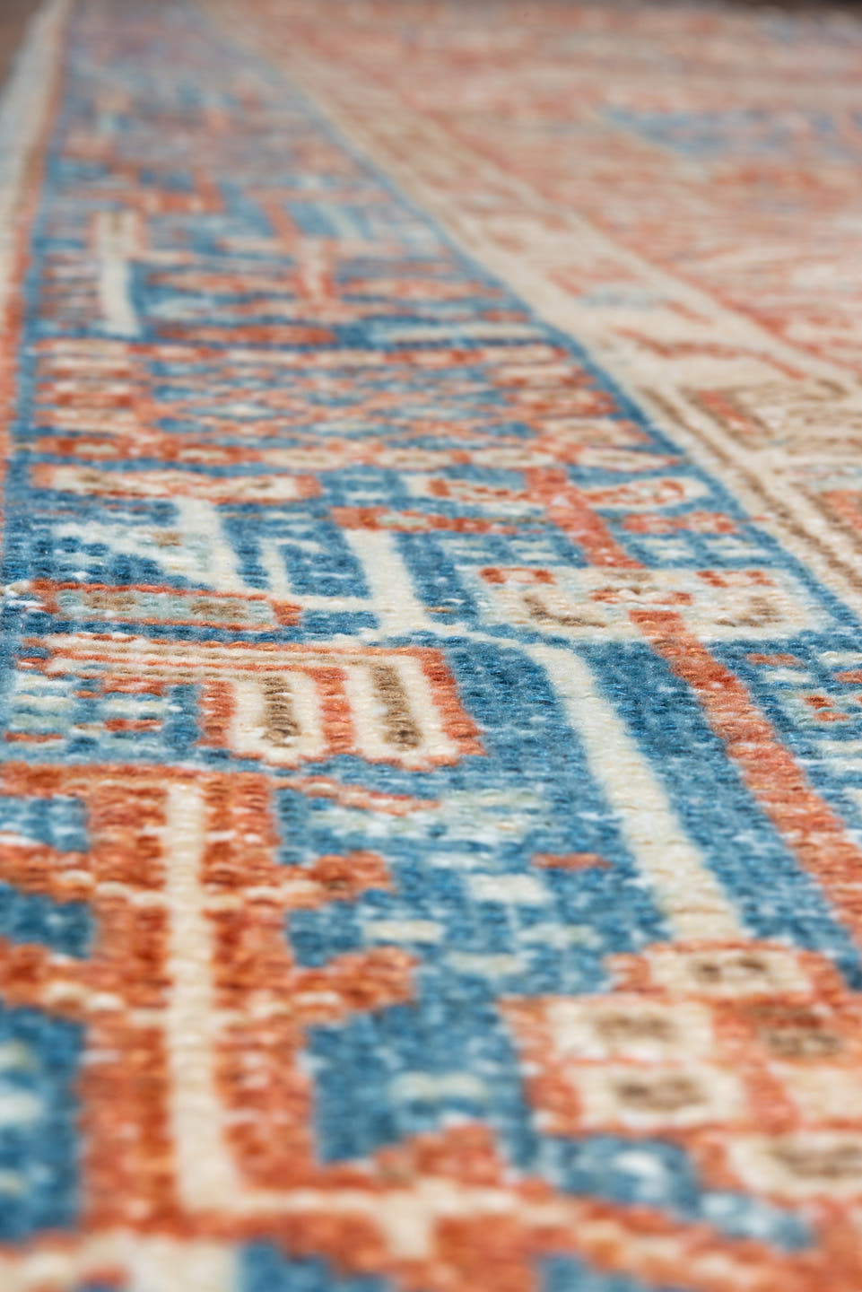 3' x 16' one-of-a-kind handmade vintage Karaje runner rug. Color palette: rust, sky blue, ivory, terracotta, camel, slate
