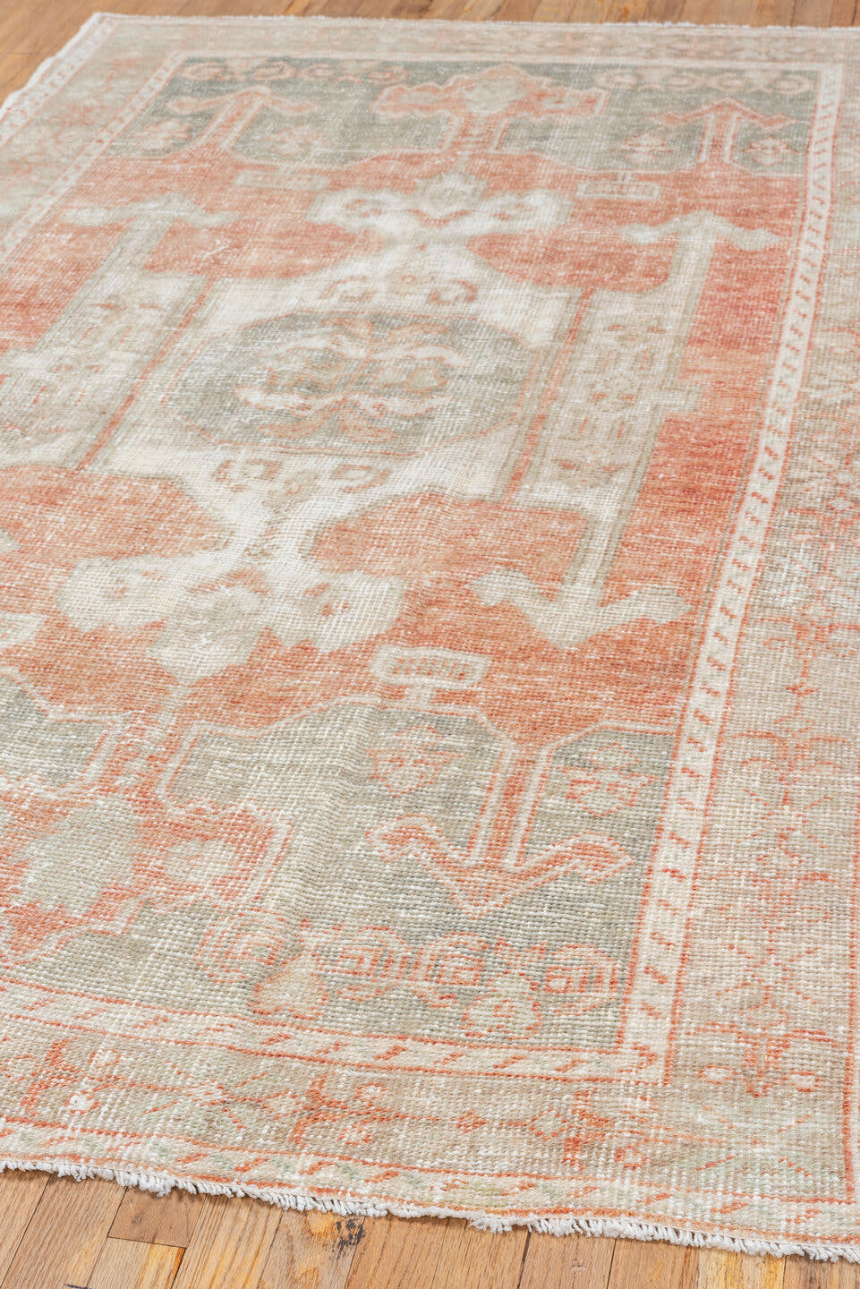 4' x 7' one-of-a-kind handmade vintage Oushak rug. Color palette: ivory, coral, pale gray, beige, blush, terracotta