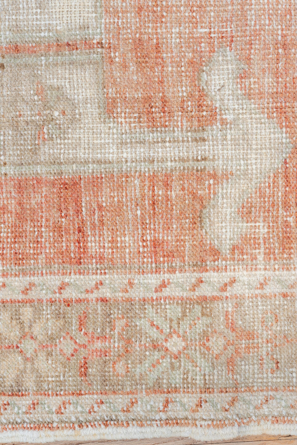4' x 7' one-of-a-kind handmade vintage Oushak rug. Color palette: ivory, coral, pale gray, beige, blush, terracotta