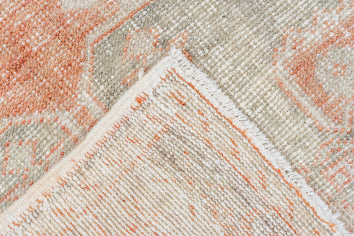 4' x 7' one-of-a-kind handmade vintage Oushak rug. Color palette: ivory, coral, pale gray, beige, blush, terracotta