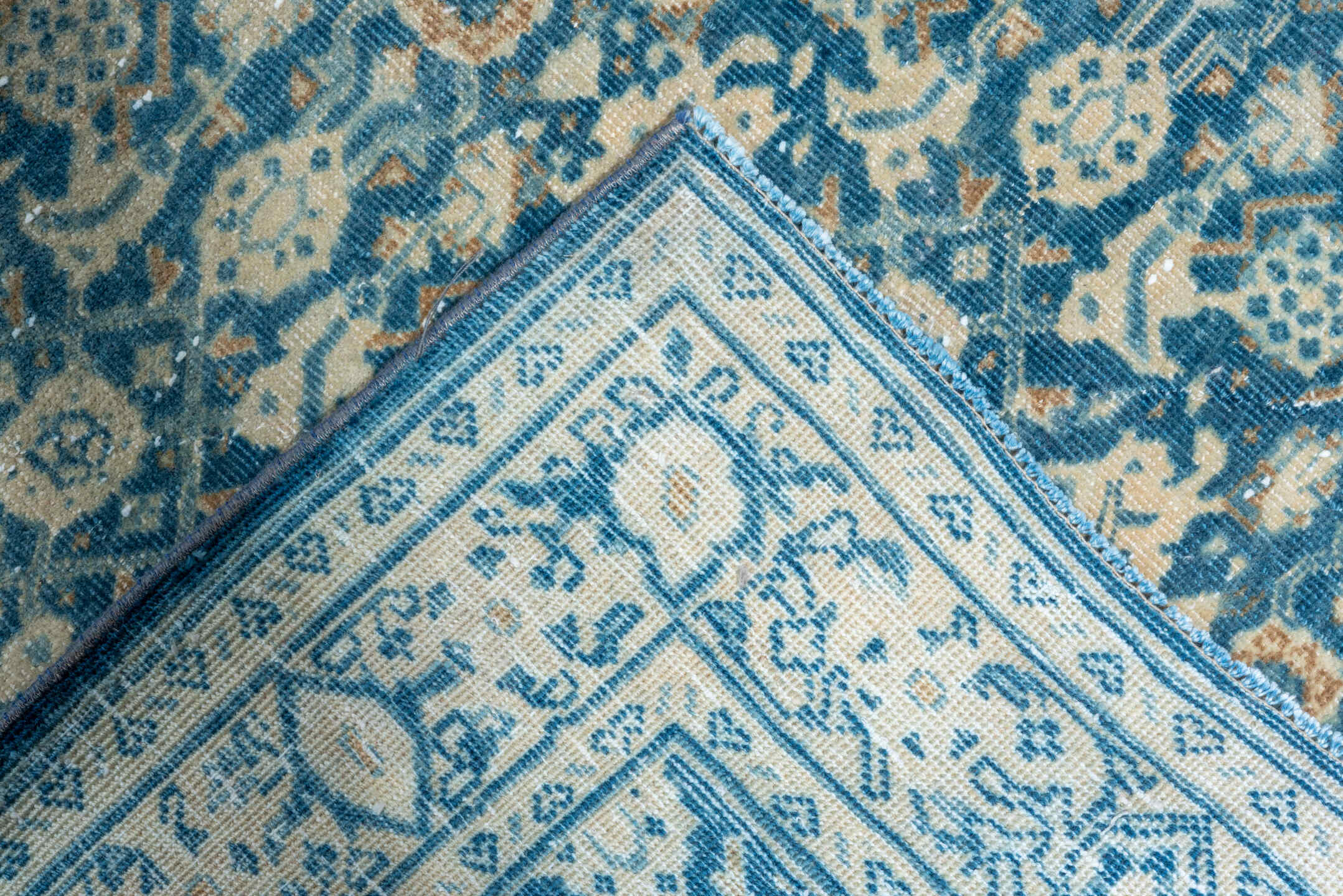 2' x 16' one-of-a-kind handmade vintage Tabriz runner rug. Color palette: blue, ivory, sky blue, navy, cream, light blue