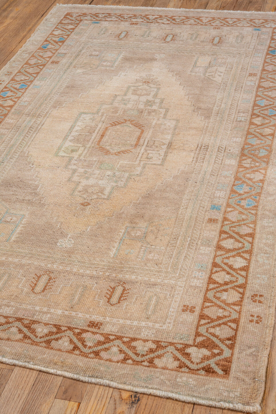 3' x 6' one-of-a-kind handmade vintage Oushak small size rug. Color palette: ivory, beige, camel, taupe, pale_aqua, sand
