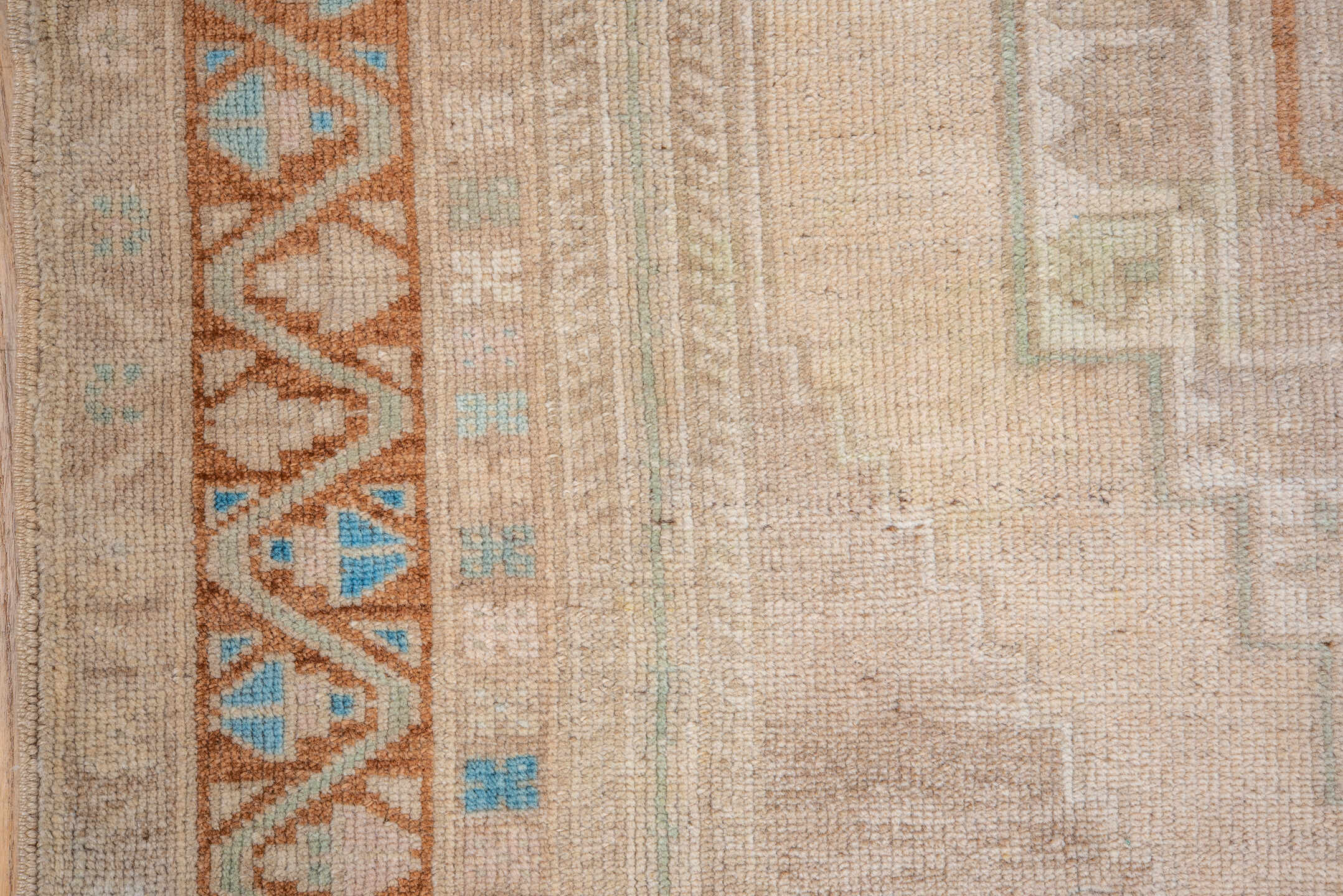 3' x 6' one-of-a-kind handmade vintage Oushak small size rug. Color palette: ivory, beige, camel, taupe, pale_aqua, sand