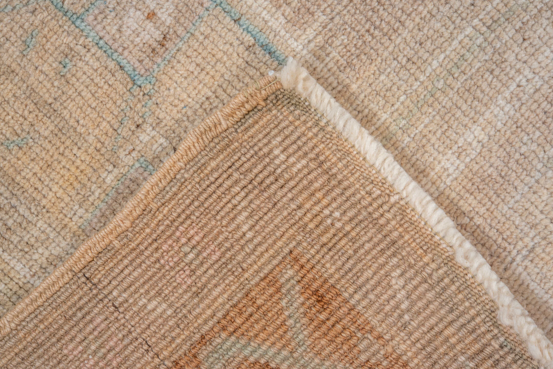 3' x 6' one-of-a-kind handmade vintage Oushak small size rug. Color palette: ivory, beige, camel, taupe, pale_aqua, sand