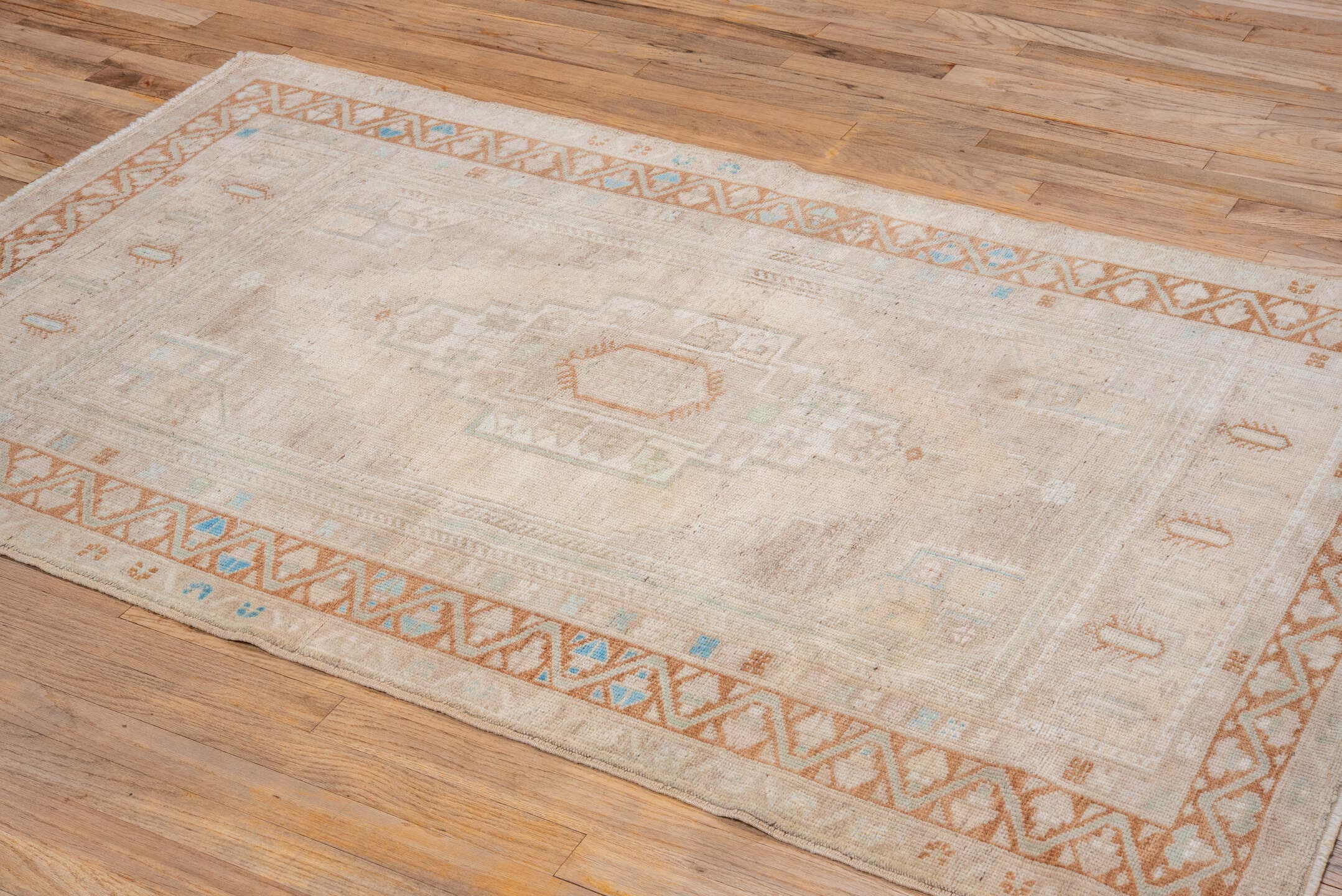 3' x 6' one-of-a-kind handmade vintage Oushak small size rug. Color palette: ivory, beige, camel, taupe, pale_aqua, sand