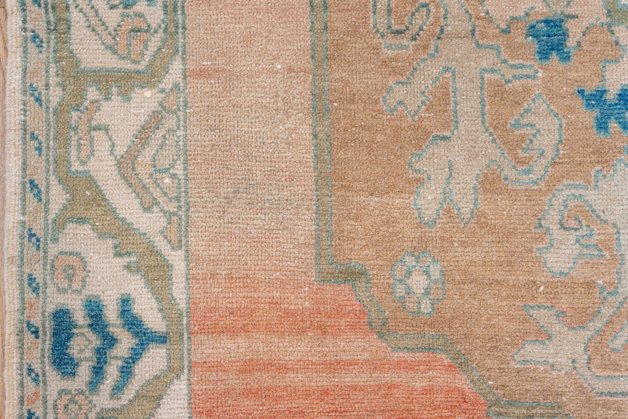 3' x 6' one-of-a-kind handmade vintage Oushak small size rug. Color palette: peach, ivory, sky_blue, taupe, olive, beige