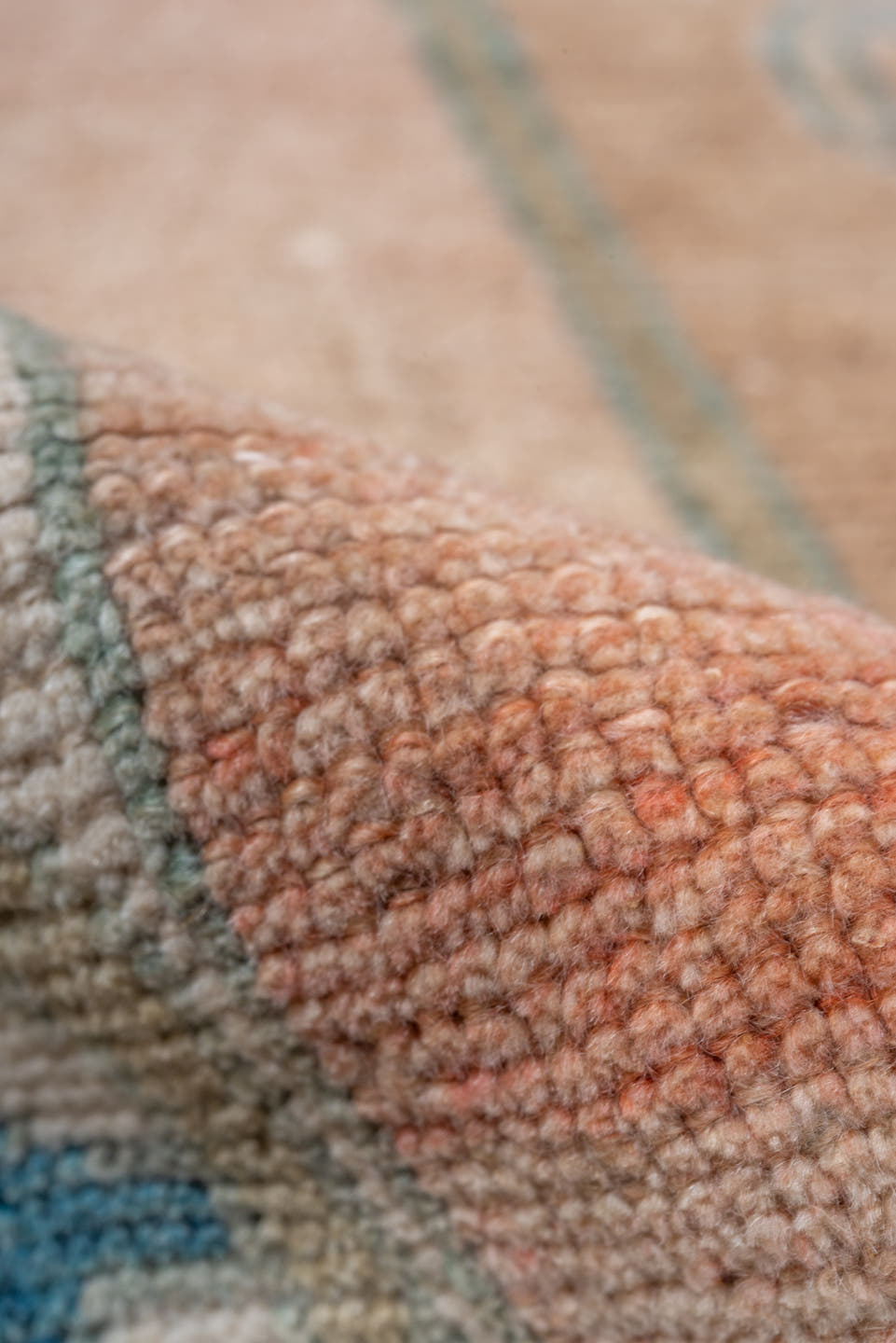 3' x 6' one-of-a-kind handmade vintage Oushak small size rug. Color palette: peach, ivory, sky_blue, taupe, olive, beige
