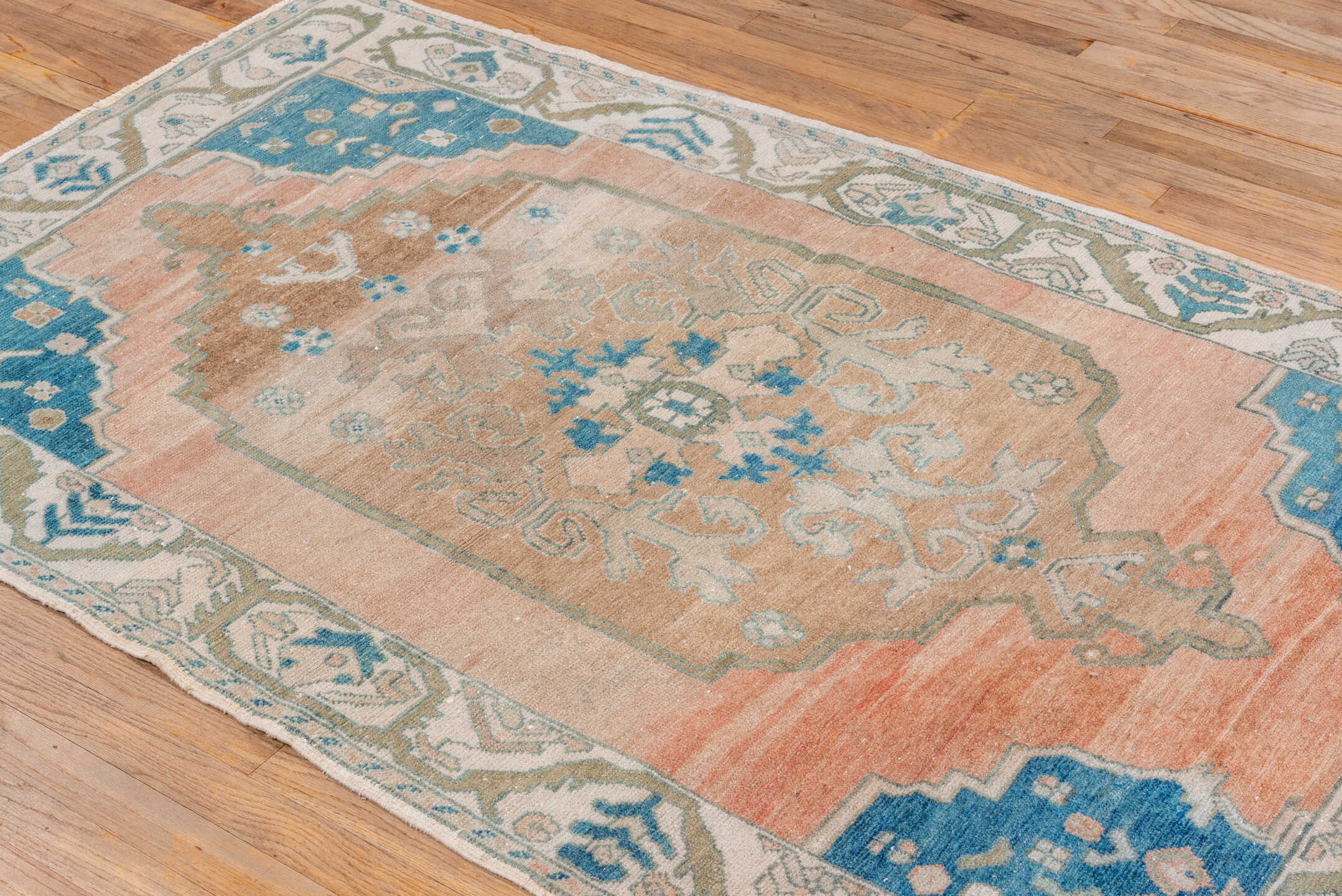 3' x 6' one-of-a-kind handmade vintage Oushak small size rug. Color palette: peach, ivory, sky_blue, taupe, olive, beige