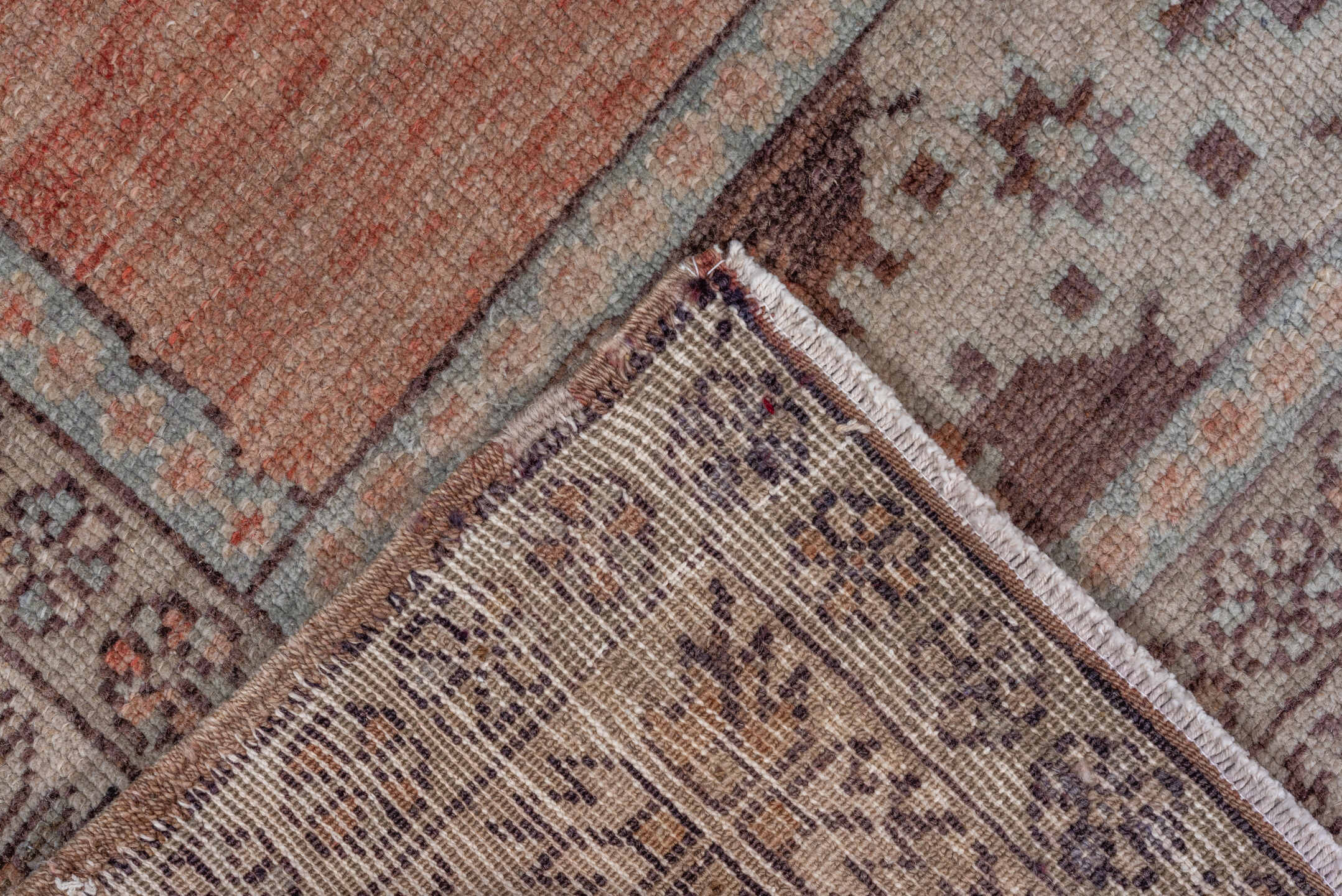 3' x 5' one-of-a-kind handmade vintage Oushak small size rug. Color palette: blush, ivory, taupe, camel, brown, pale blue