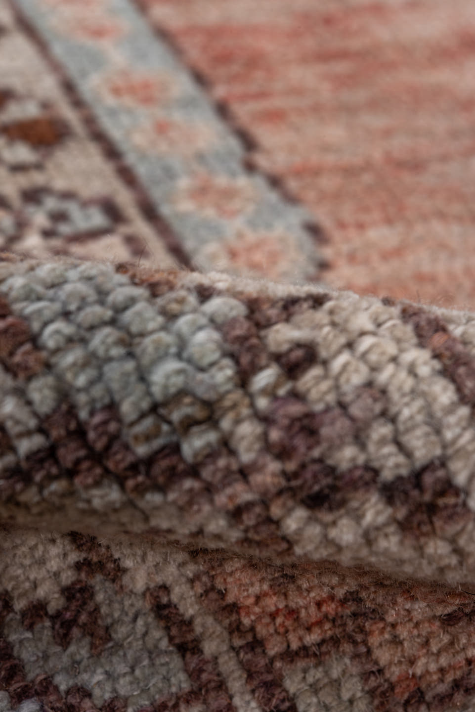 3' x 5' one-of-a-kind handmade vintage Oushak small size rug. Color palette: blush, ivory, taupe, camel, brown, pale blue
