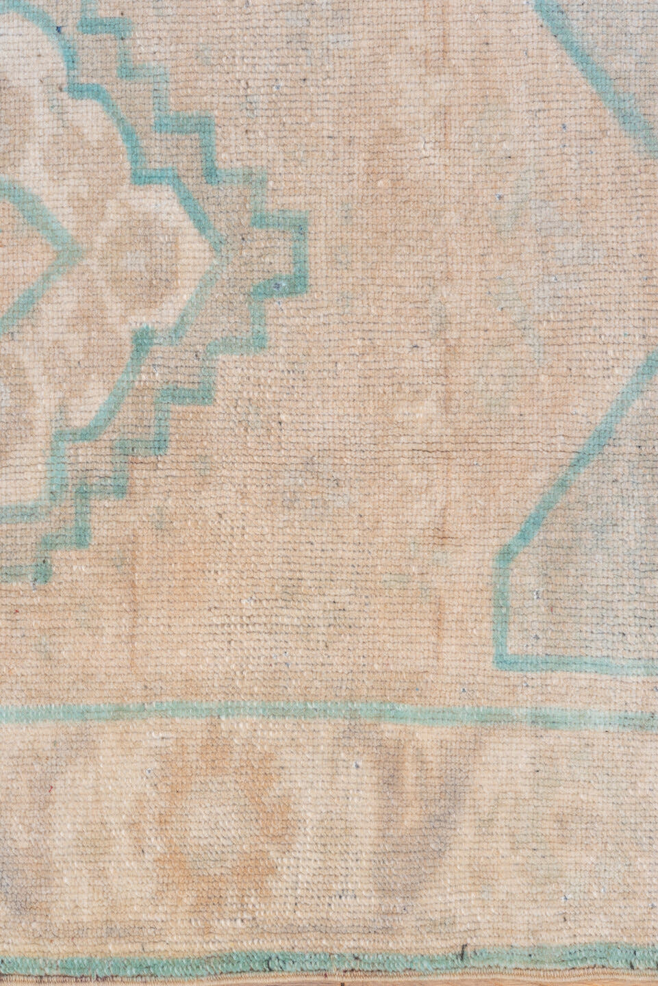 2' x 4' one-of-a-kind handmade vintage Oushak small size rug. Color palette: ivory, aqua, beige, taupe, sand, teal, gray