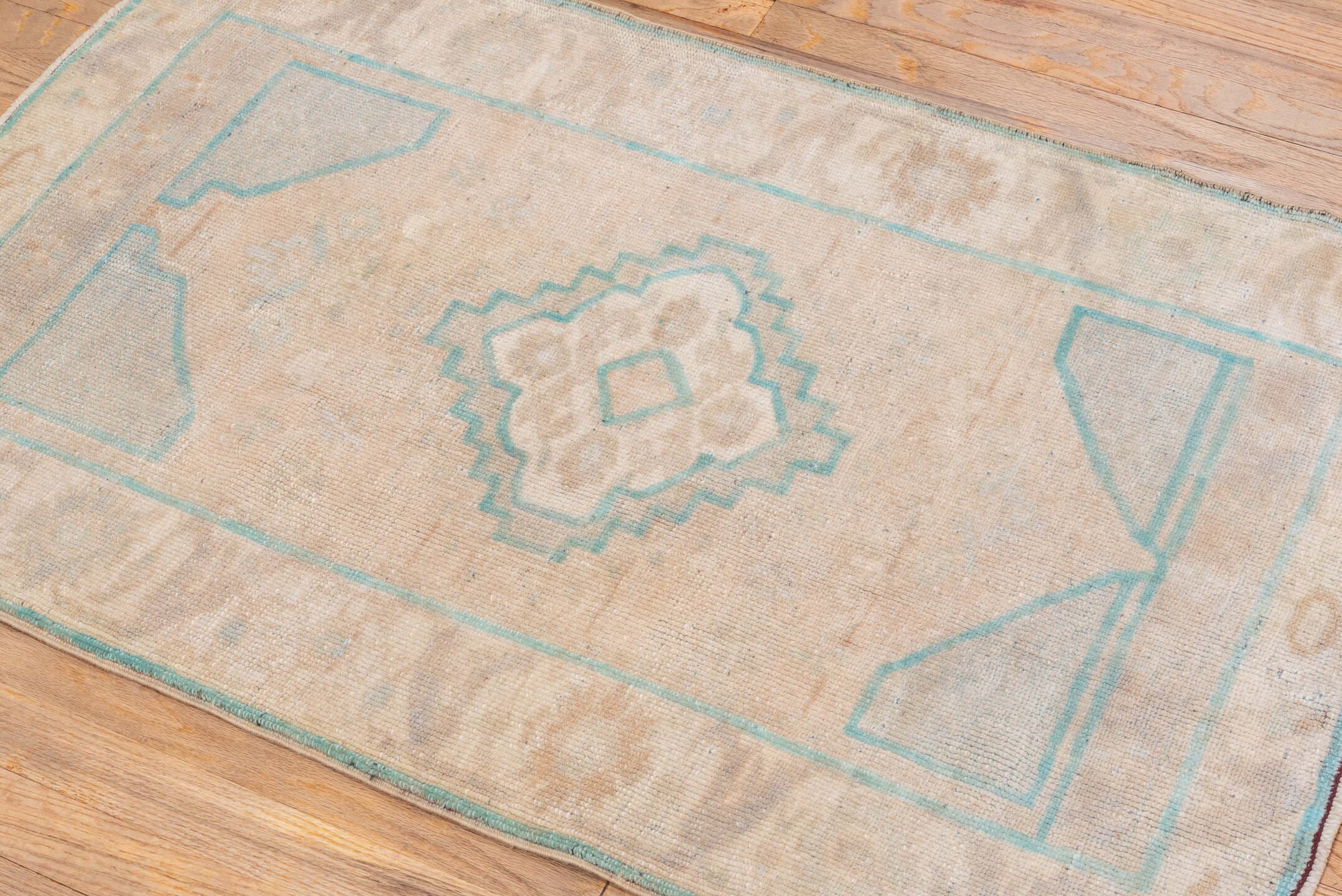 2' x 4' one-of-a-kind handmade vintage Oushak small size rug. Color palette: ivory, aqua, beige, taupe, sand, teal, gray