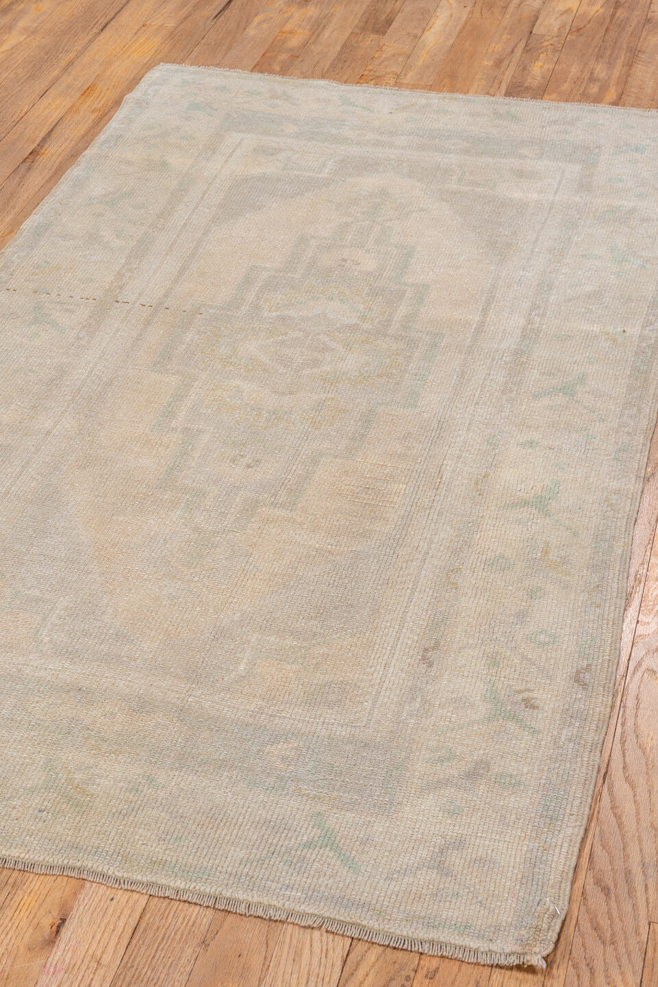 2' x 5' one-of-a-kind handmade vintage Oushak small size rug. Color palette: ivory, taupe, sage, pale gold, beige, gray