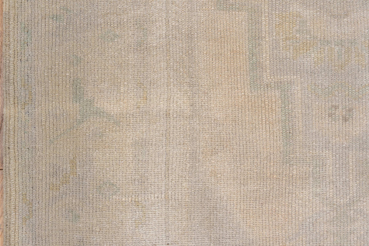 2' x 5' one-of-a-kind handmade vintage Oushak small size rug. Color palette: ivory, taupe, sage, pale gold, beige, gray