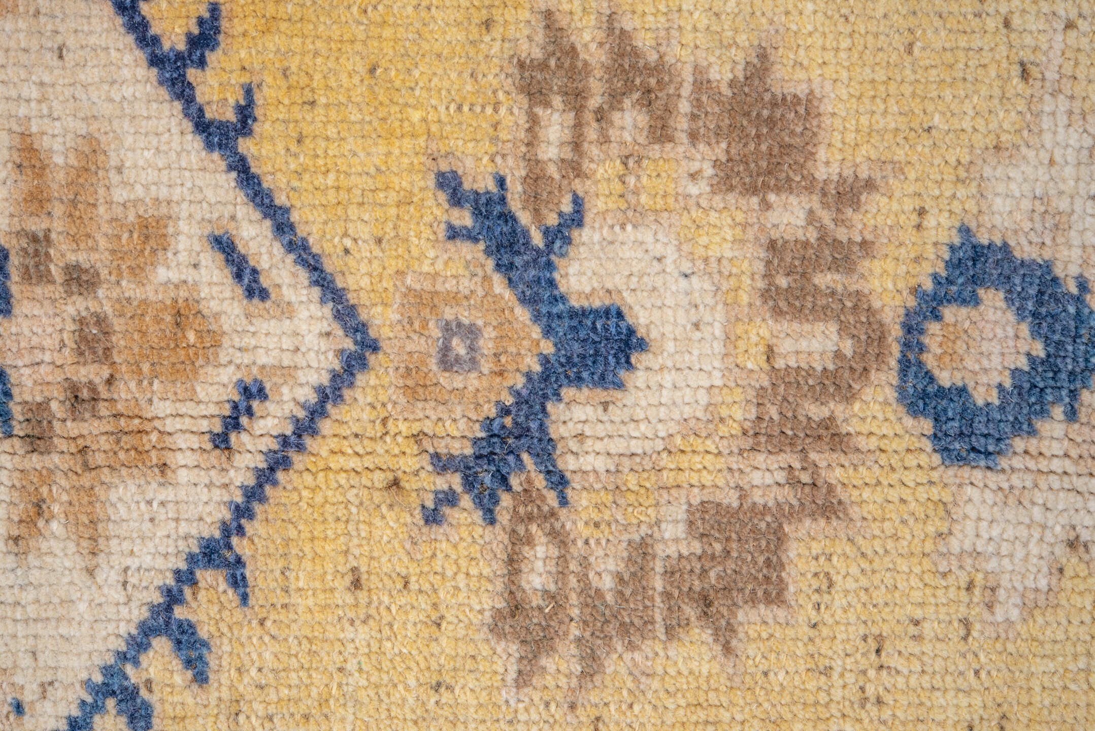 5' x 8' one-of-a-kind handmade vintage Oushak medium size rug. Color palette: ivory, blue, pale yellow, beige, taupe, gold